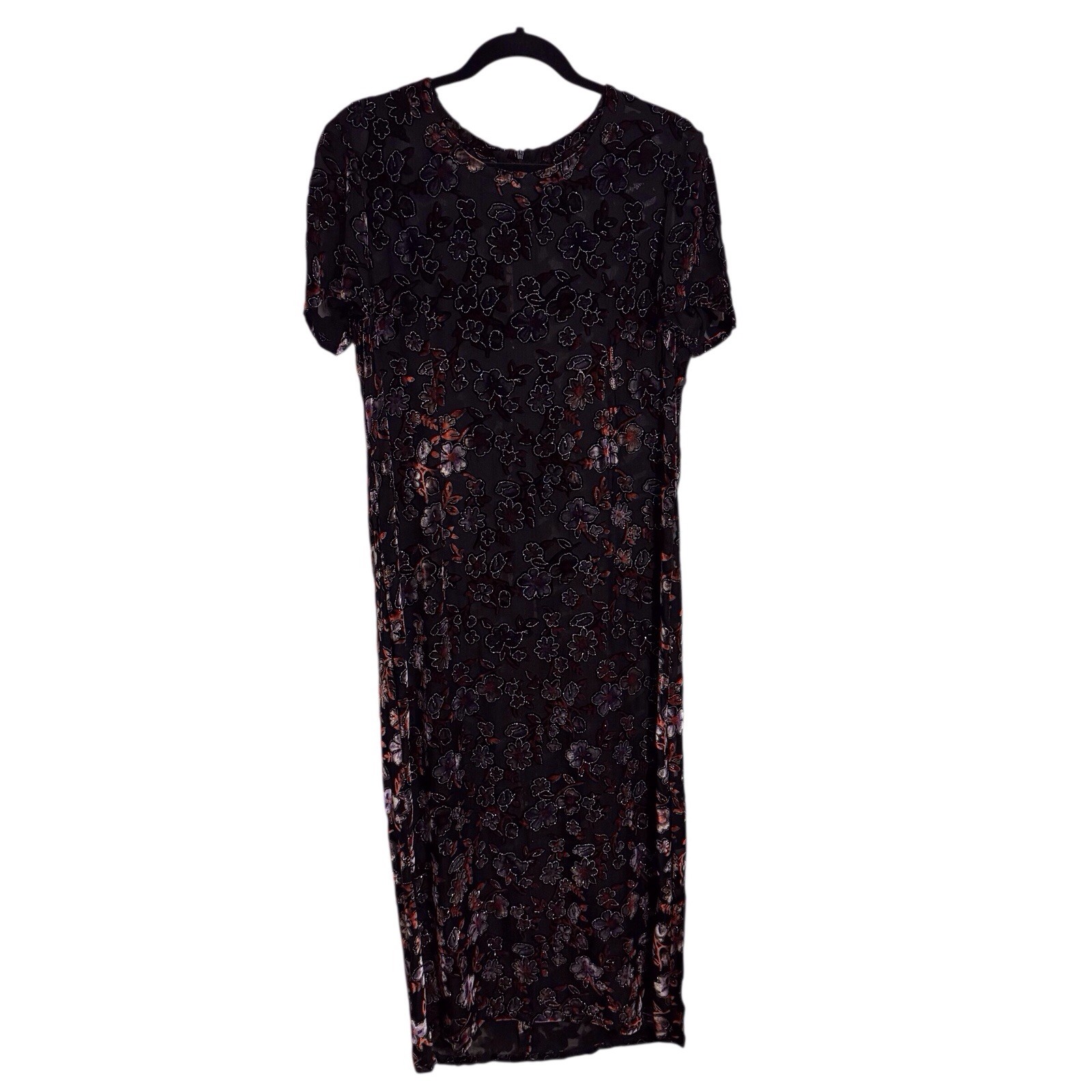 Vintage Floral Sheer Velvet Glitter Midi Dress Boho Grunge Gothic Short Sleeve