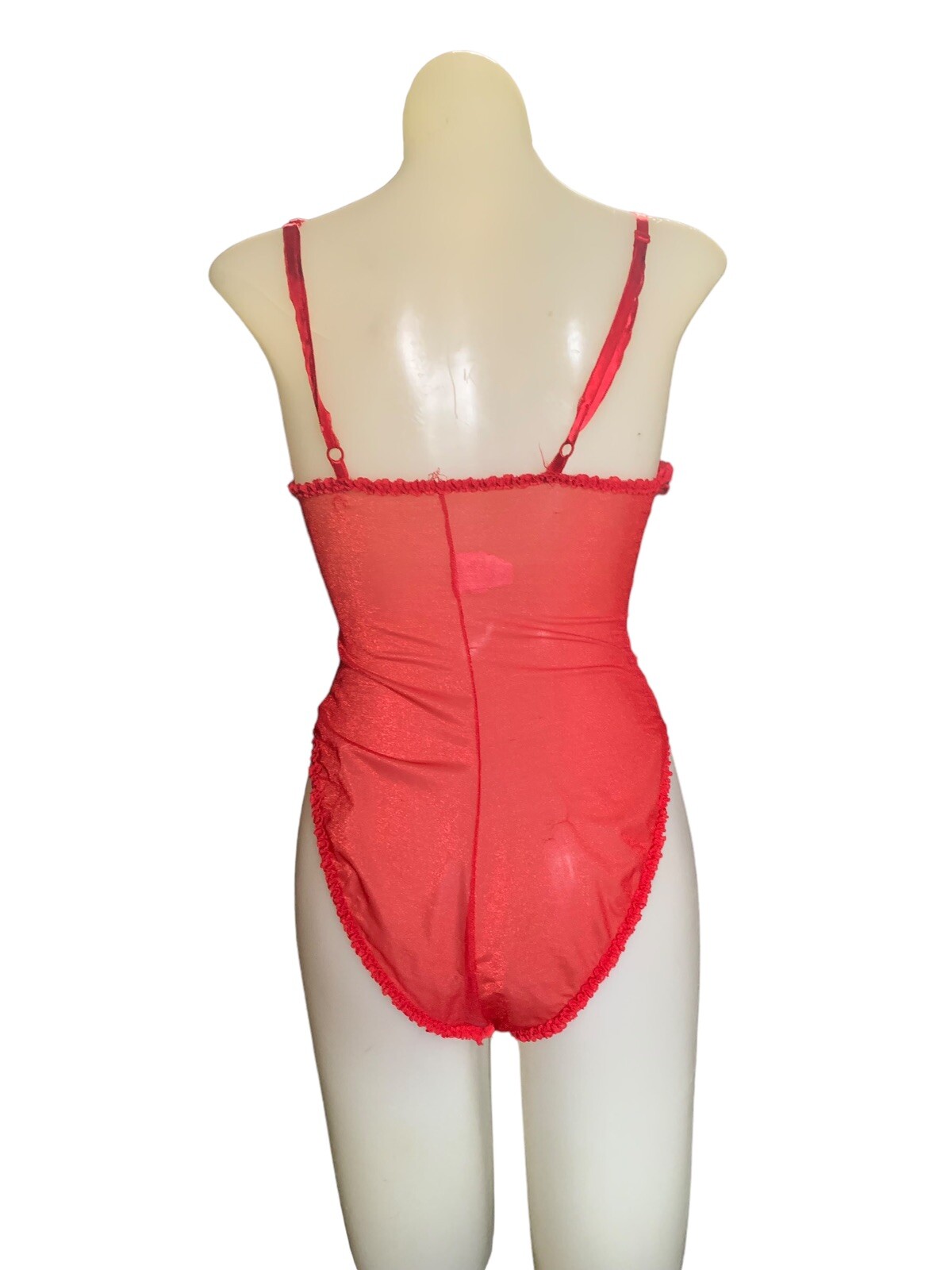 VTG E Bole GLOSSY Lipstick Red Satin Spandex TEDDY Bodysuit Bra PANTY Med Lace