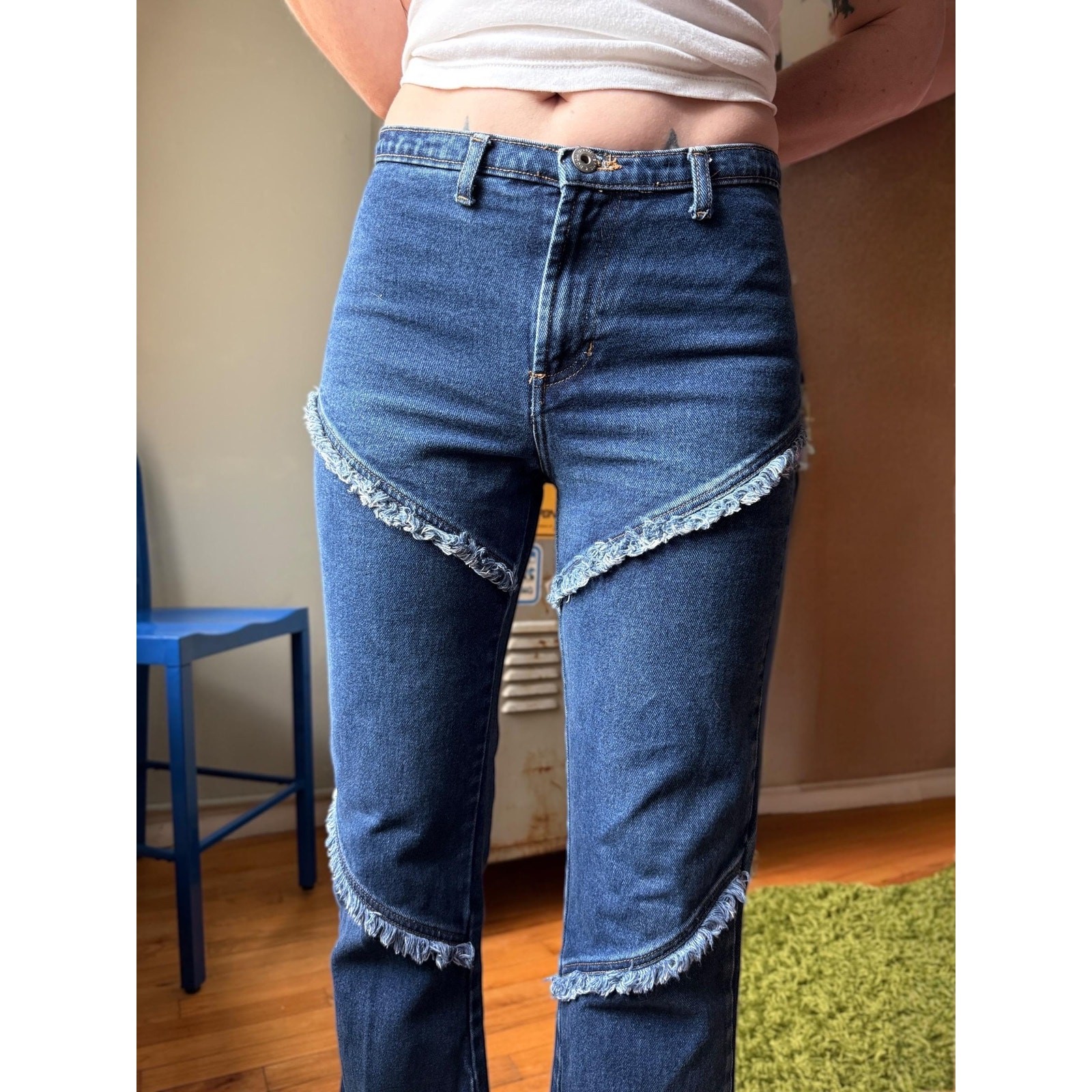 Vintage Y2K Fringe Panel Jeans | Low Rise Kick Flare Denim | Medium Wash | 29″
