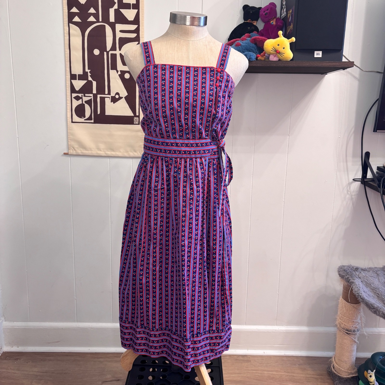 Vintage LANZ ORIGINALS Retro Red And Blue 1960s Striped Floral Wrap Dress Sz S