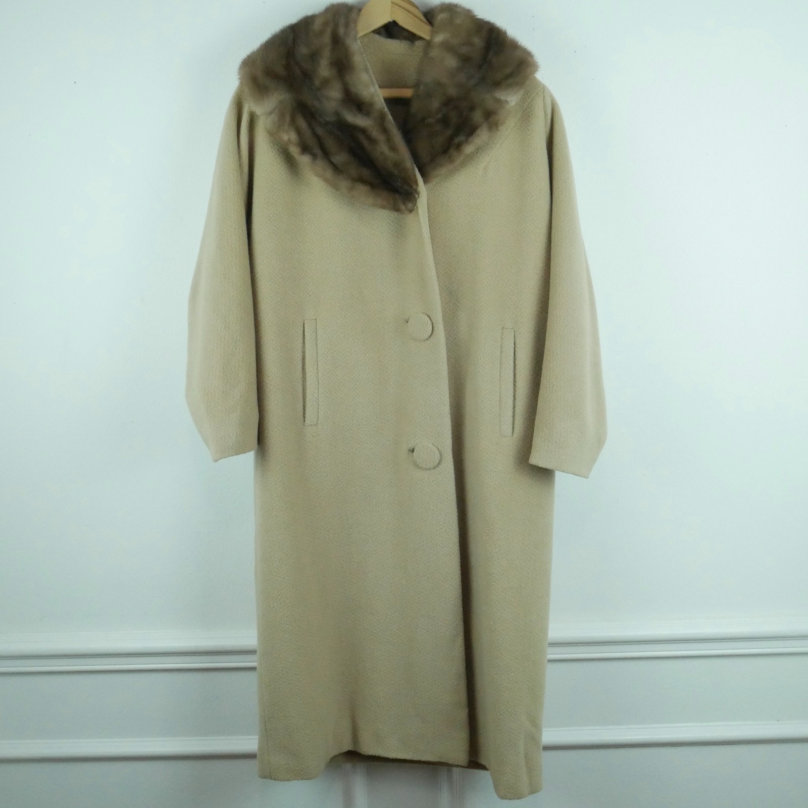 Vintage 50s M L Coat Mink Fur Collar Beige Wool Retro Classic Princess Glam