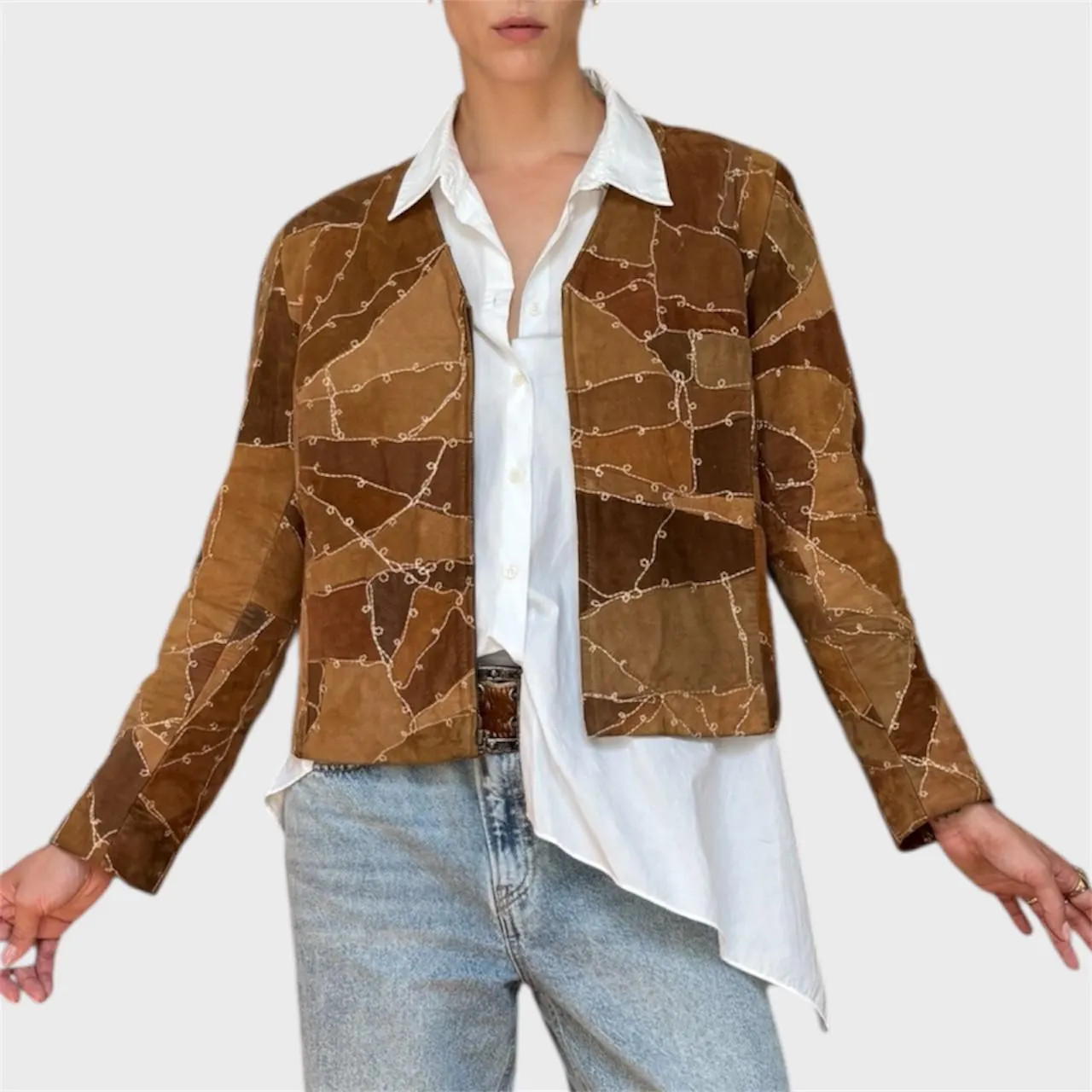 Vintage Brown Suede Patchwork Jacket | Embroidered Zip-Up Size US 8/ EU40