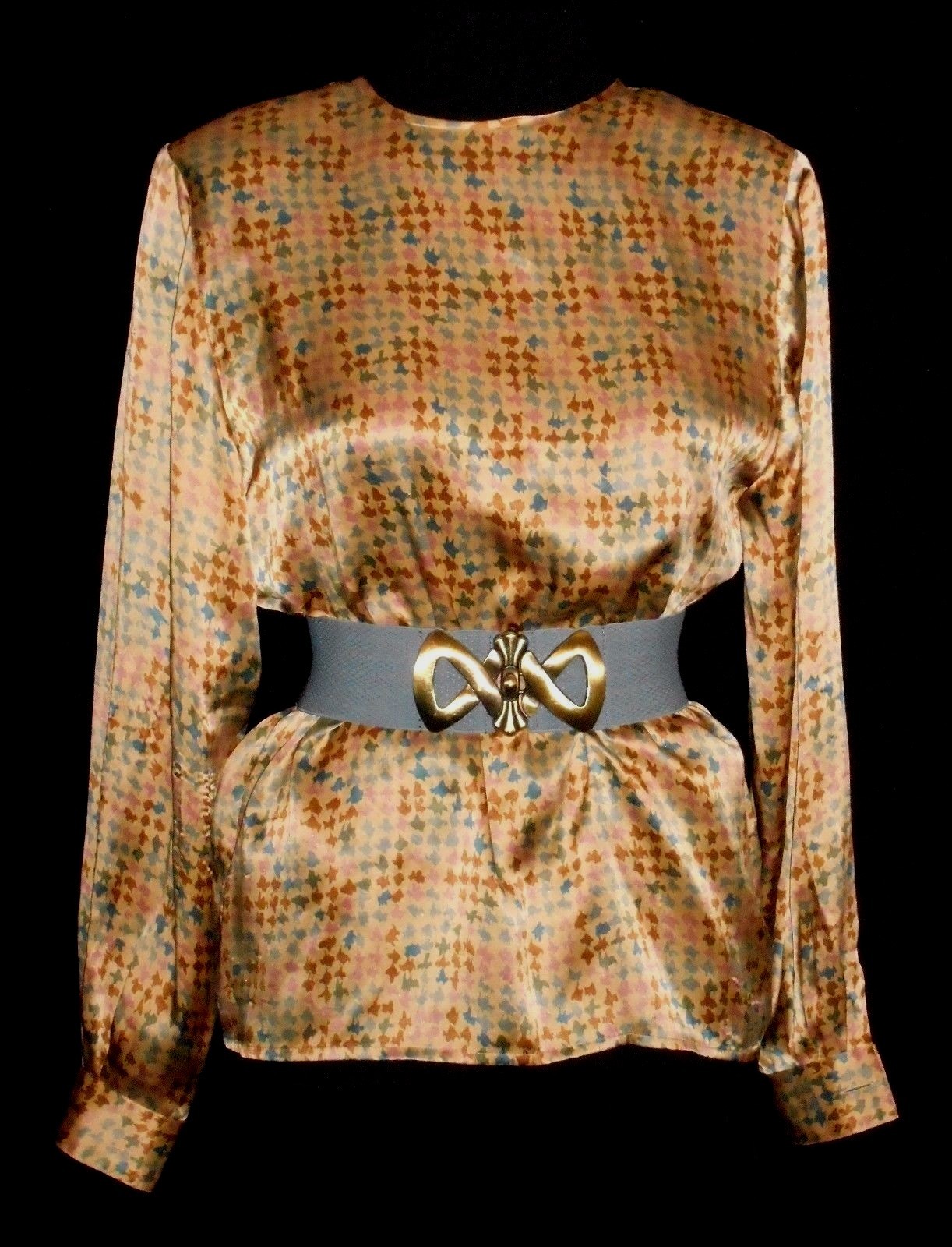 USA VinTage 4 Silk Blouse Gold Beige Teal Long Sleeve Jewel Keyhole Neckline