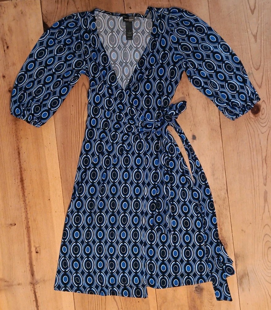 Bisou Bisou Michele Bohbet Womens 4 A Line Wrap Dress Puff Sleeve Blue Geometric