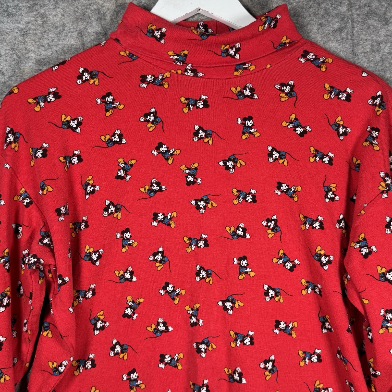 Vintage Womens 90s Mickey & Co Red AOP Mickey Mouse Turtleneck Shirt Sz M 20×24