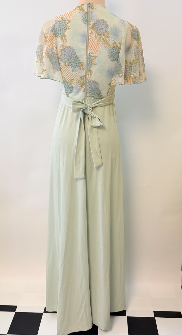Vintage 70s Angel Sleeve Floral Lady Maxi Jade Green Dress Hippie Small Unique