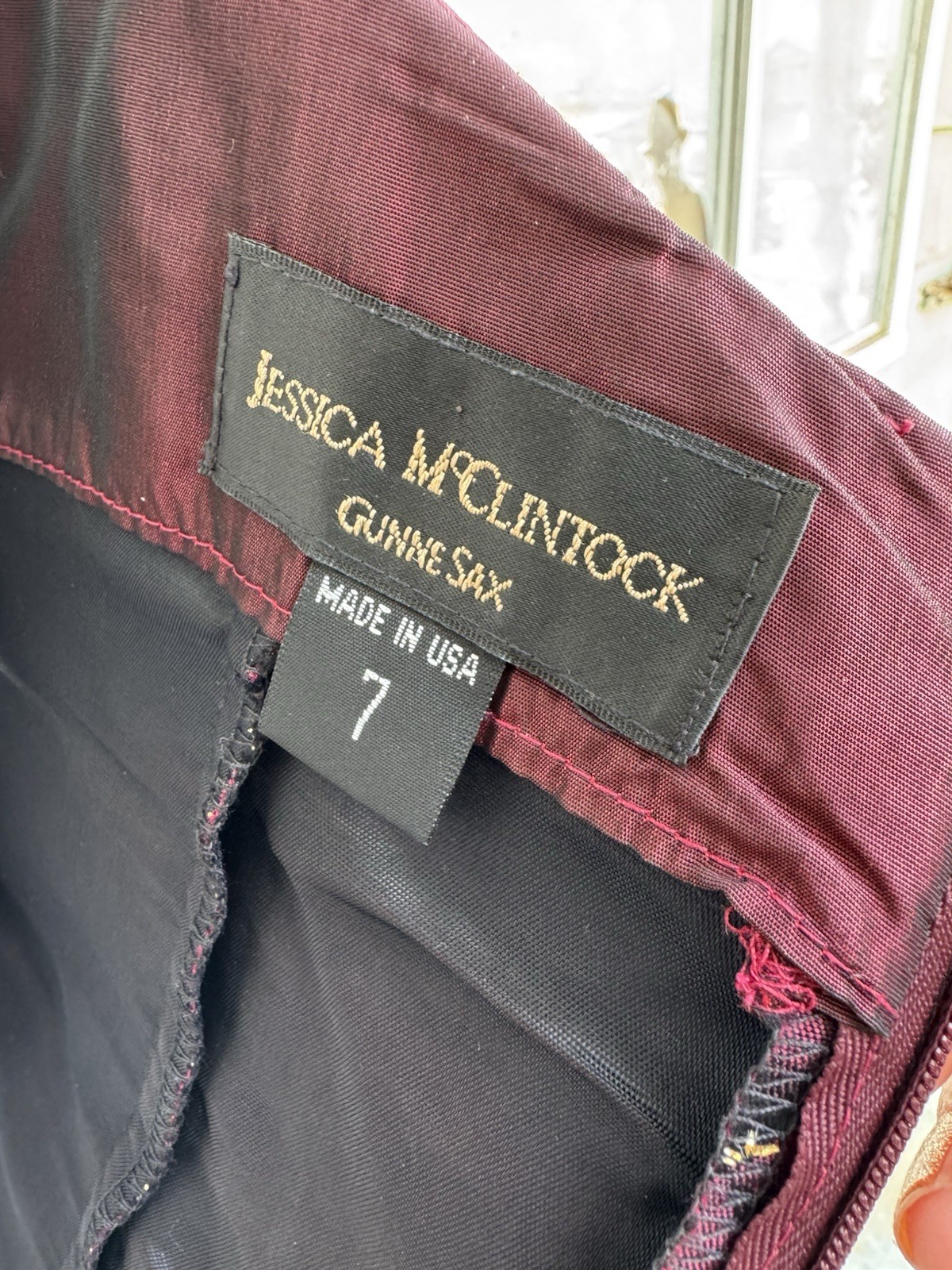 Vtg 90’s Jessica McClintock Mini Dress Burgundy Gold 7 Rhinestones Square Neck
