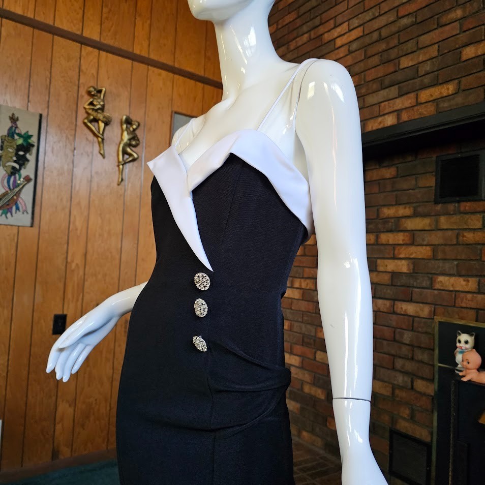 Vtg 90s Cache Tuxedo Plunging Evening Cocktail Party High Slit Wiggle Dress S/M