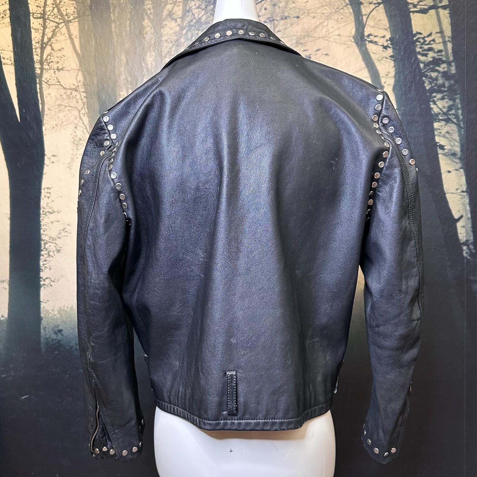Vintage Leather Motorcycle Jacket 90s Black Studded Biker Punk Coat L/XL