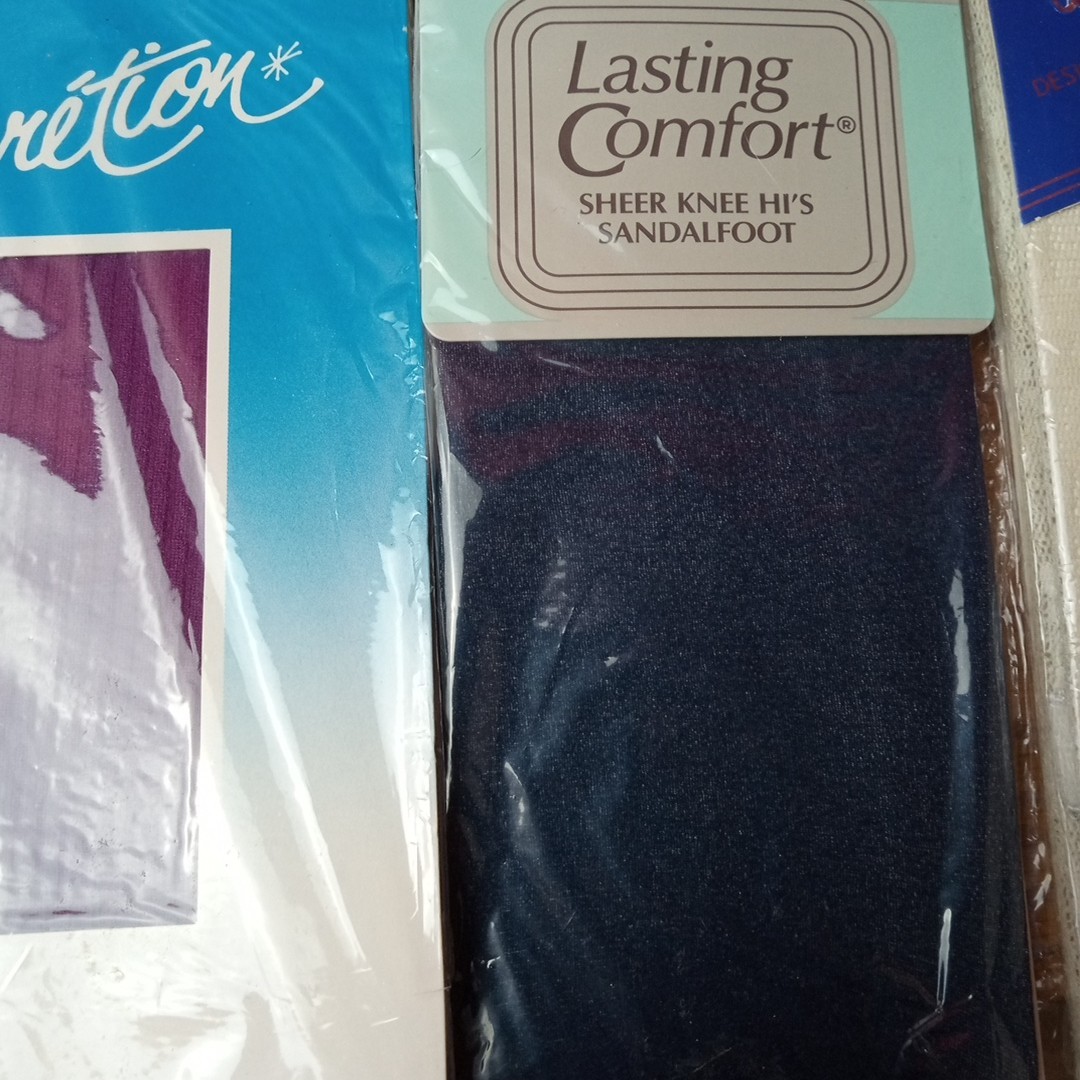 7 Vtg Textured Mesh Knee Hi High Sandal Foot Nylons Stockings One Size 8.5-13