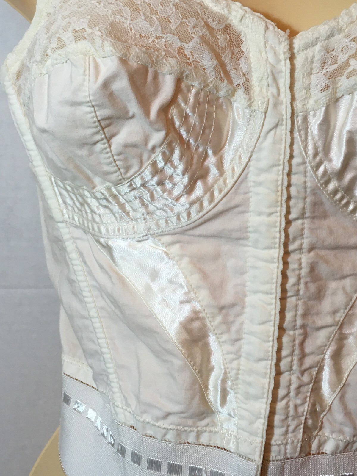 Vtg Cotton & SATIN Stitched Bustier Long Line Bra Top Floral Lace 34B Penneys