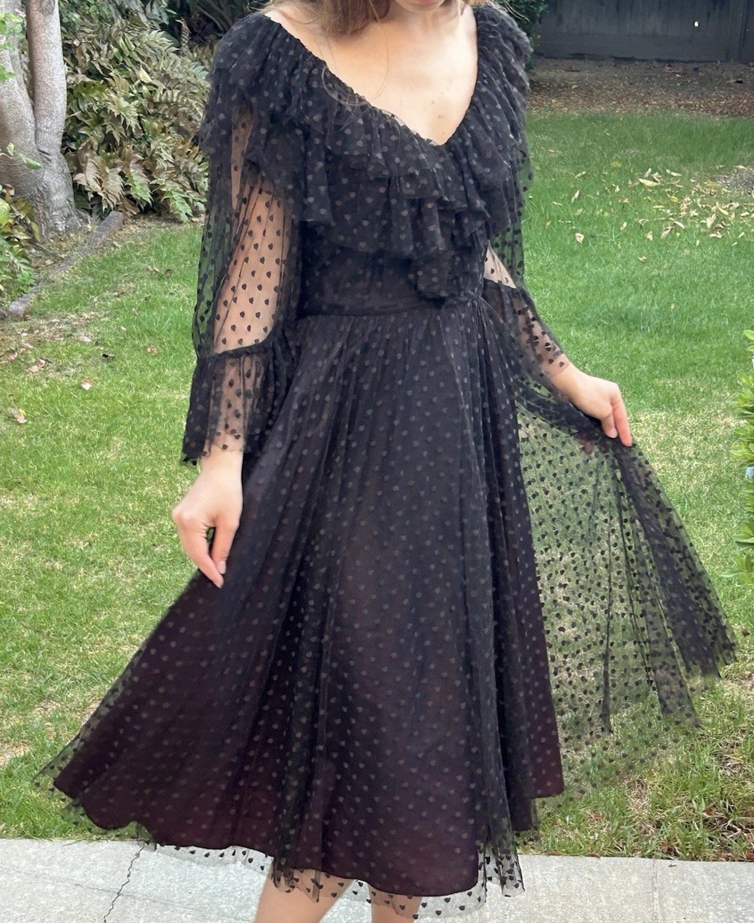Vintage 50s 60s Miss Ashlee S Ruffle Dress Polka Dots Tulle Black