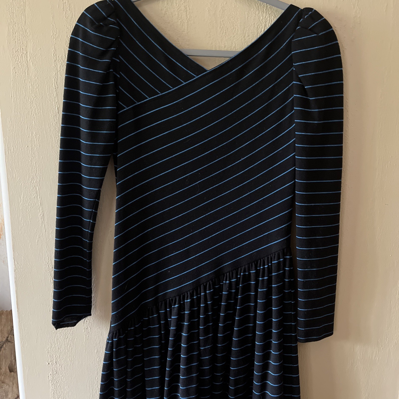 True Vtg Mid-century 1970s SAMUEL BLUE Drop Waist Full Skirt Dress MCM MOD