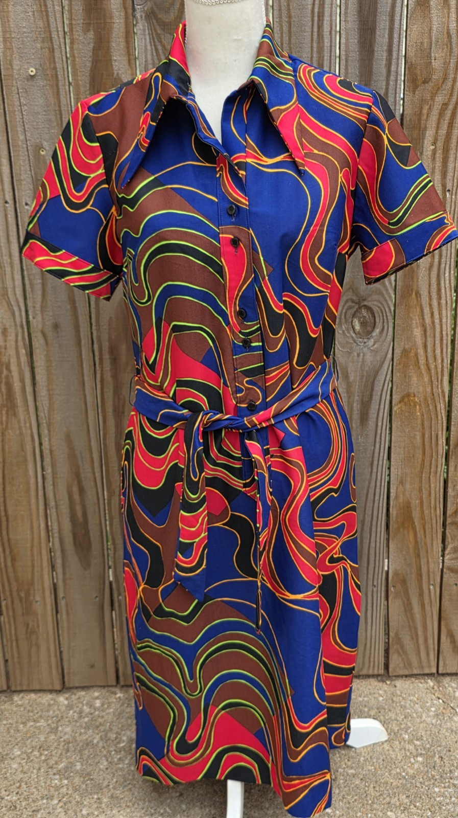Vintage Lanvin Colorful Psychedelic Geometric Pointed Collar Short Sleeve Dress