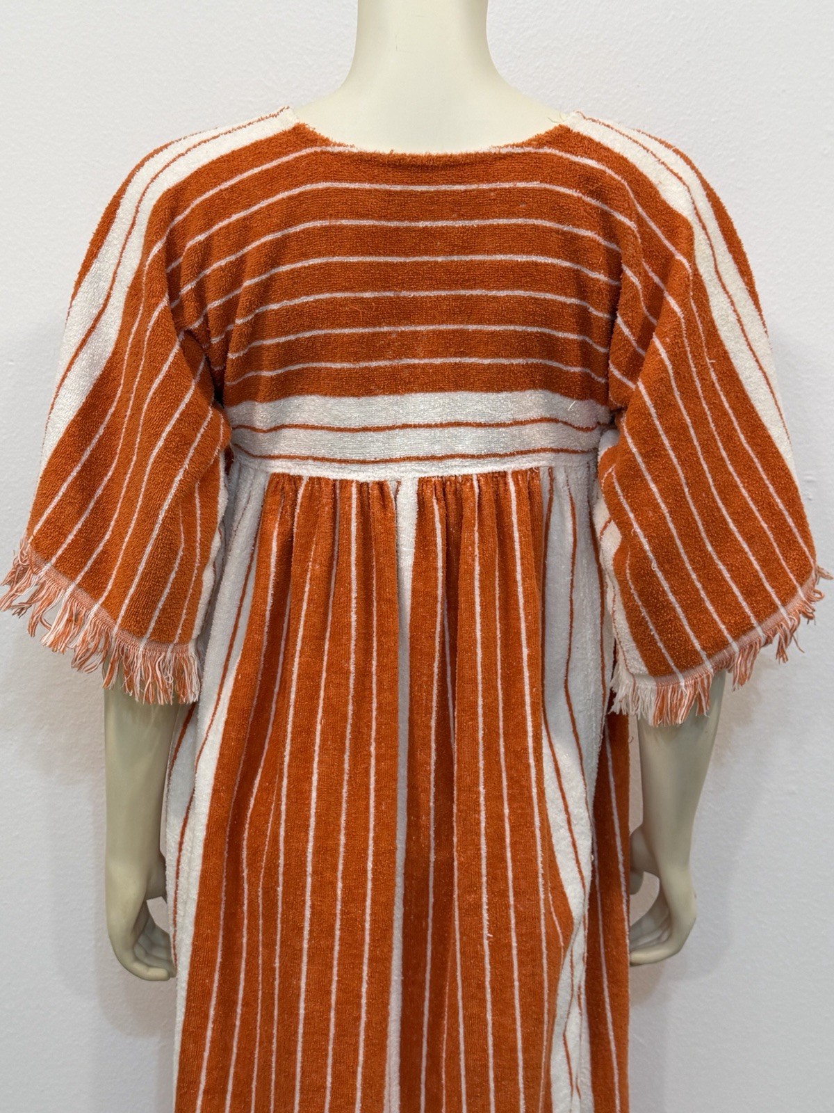 Vintage 60s Terrycloth Towel Dress Coverup Caftan Orange & White Fringe Sz S