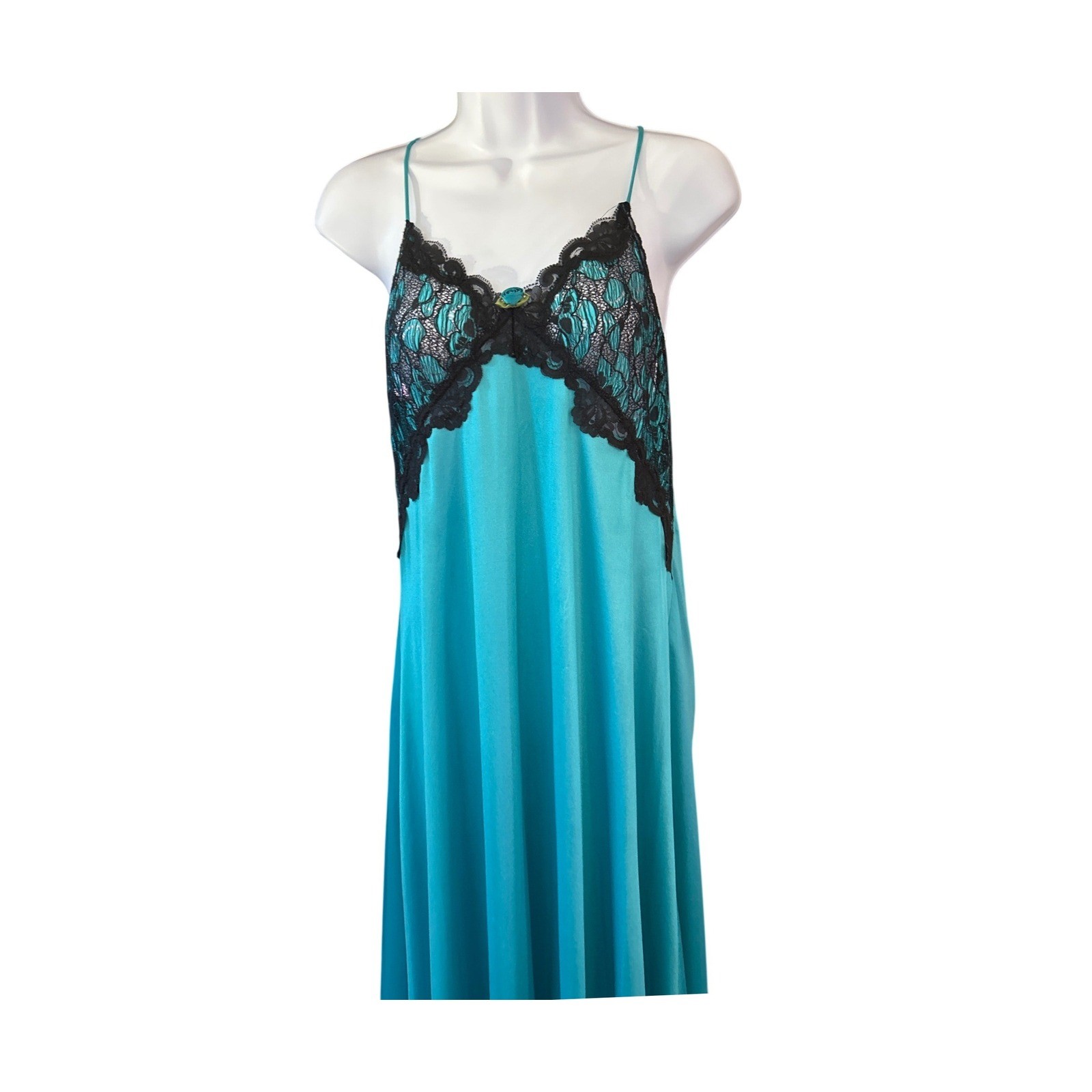 Vintage CineStar Nightgown Teal Blue Black Lace Romantic Glamour Regencycore