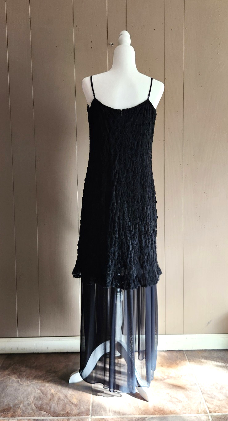 Vin: 80s Casadei Black Brocade Chiffon Rhinestone Evening Dress Beautiful Sz 18