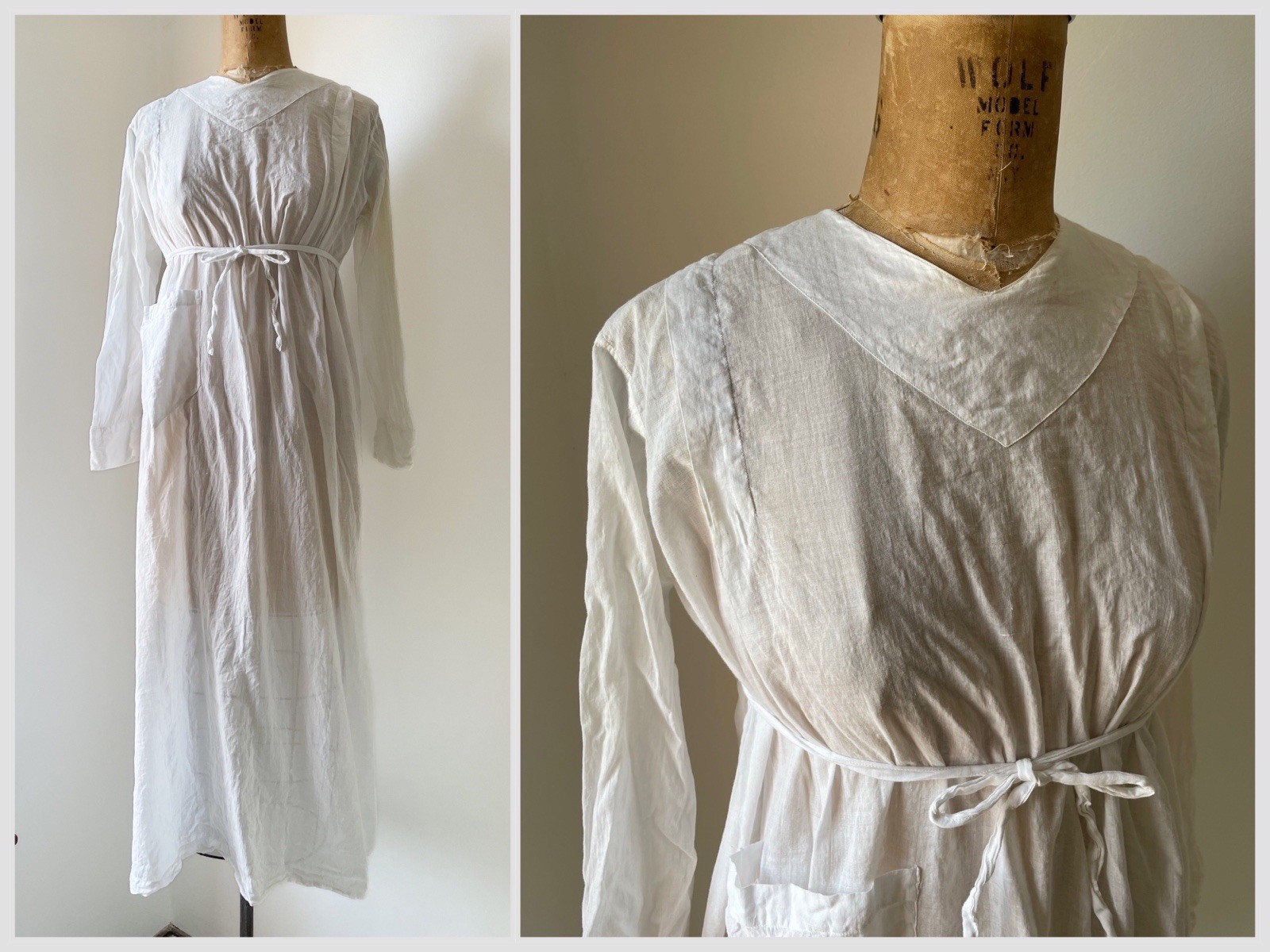 Antique Edwardian White Handkerchief Cotton Dress Cover Nurse Maid Uniform XS/S