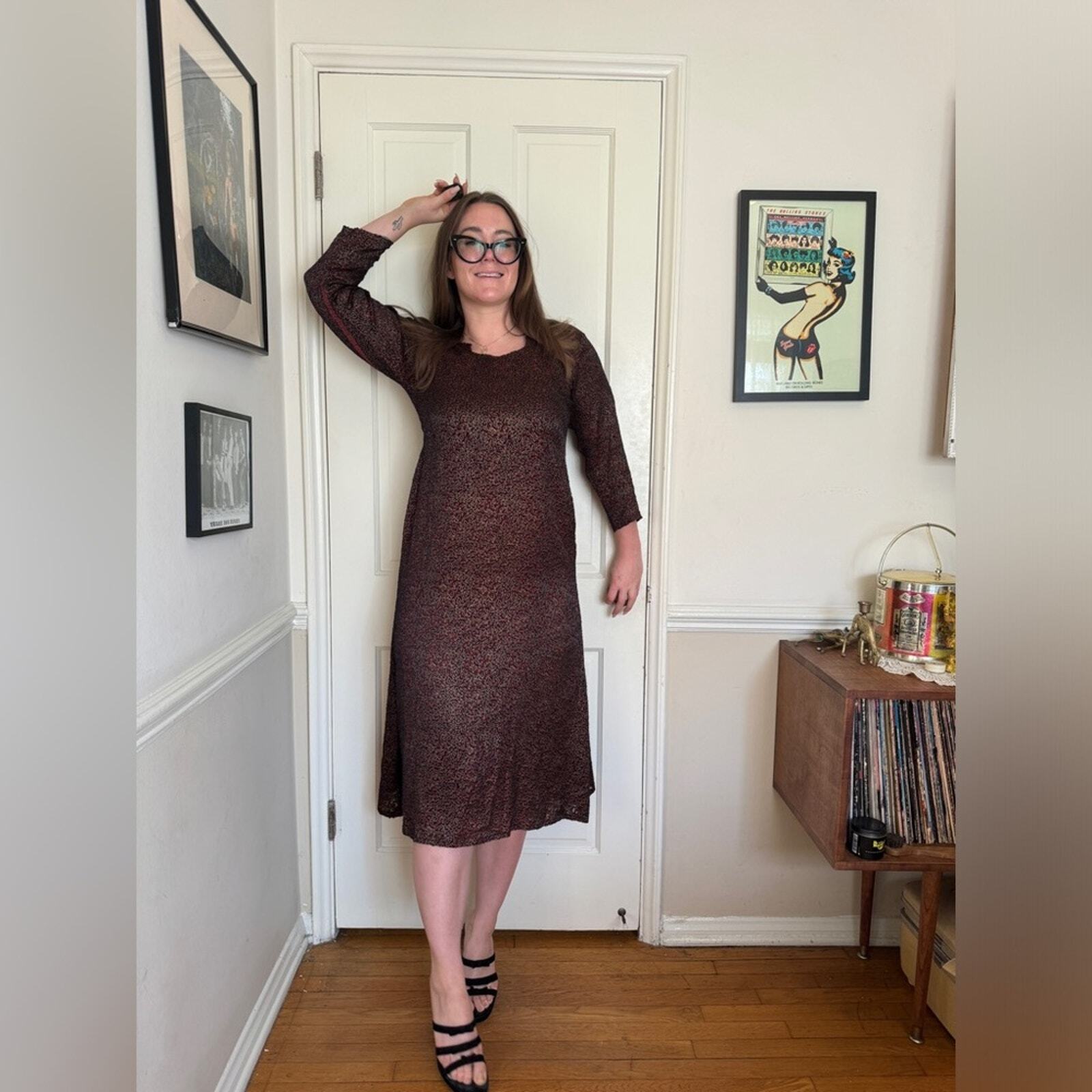 90s Vintage Red Gold and Black Velvet Burnout Dress