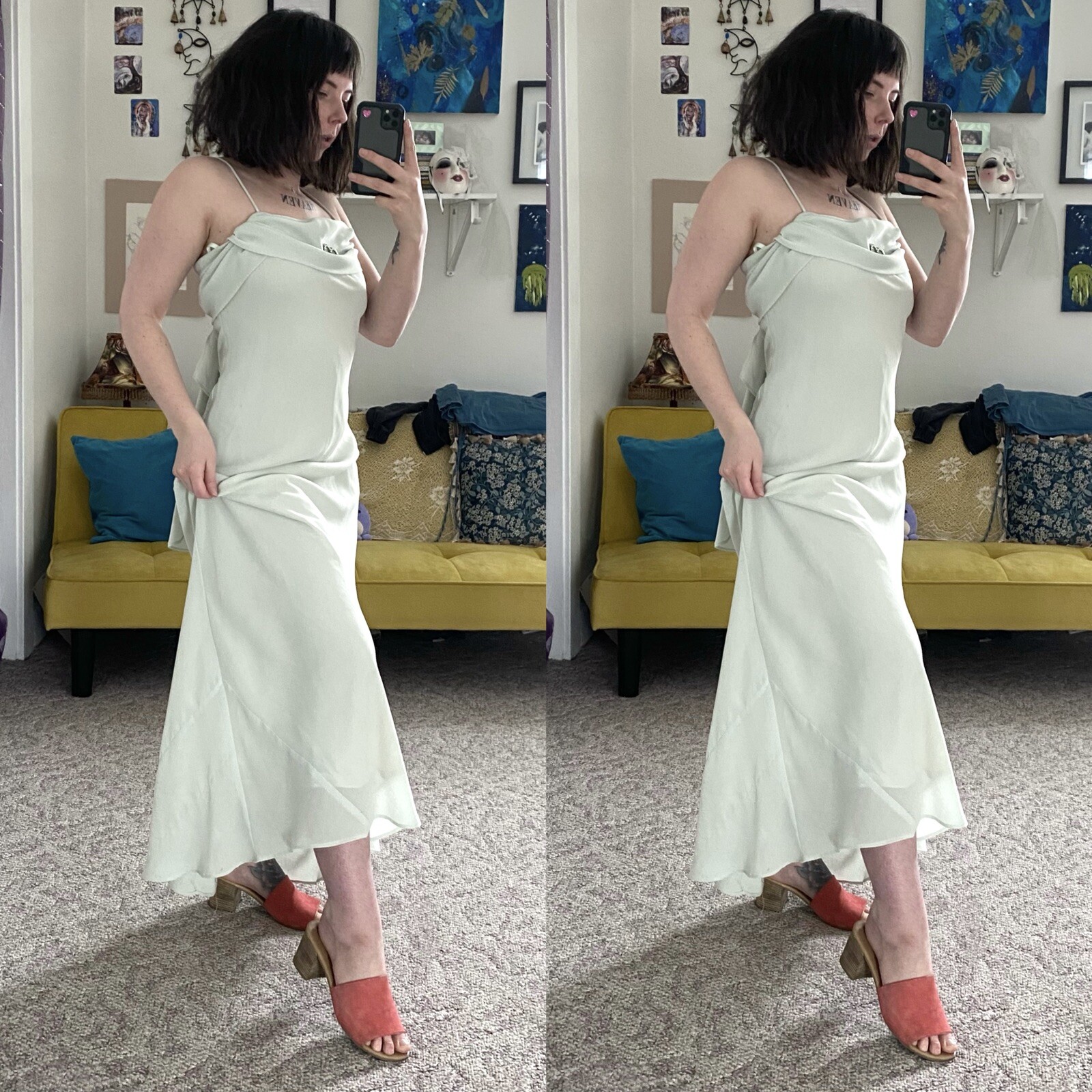 VINTAGE 90’S NIGHT WAY COLLECTIONS PASTEL GREEN MAXI FORMAL DRESS W HEART ACCENT