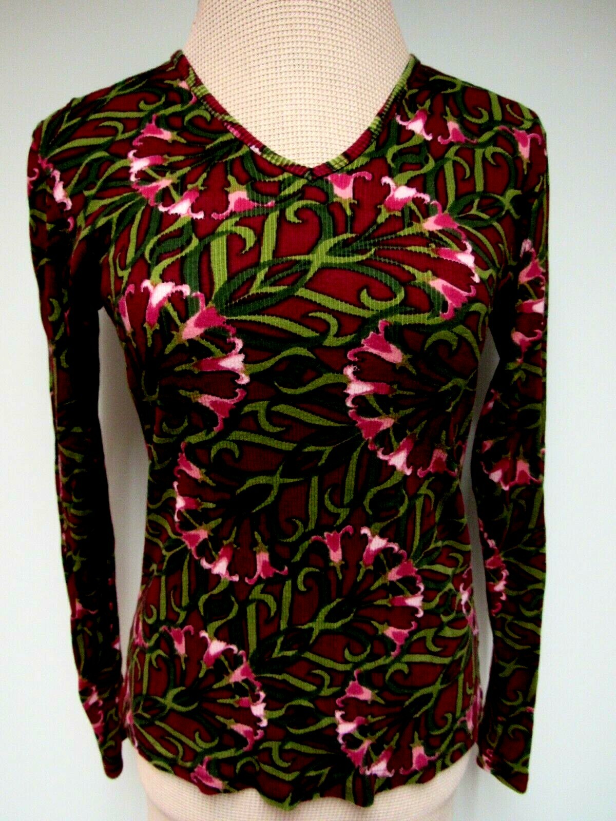VTG ST JOHNS BAY Stretch Cotton Knit Top Lily Floral Red Wine Burgundy Pink M EU