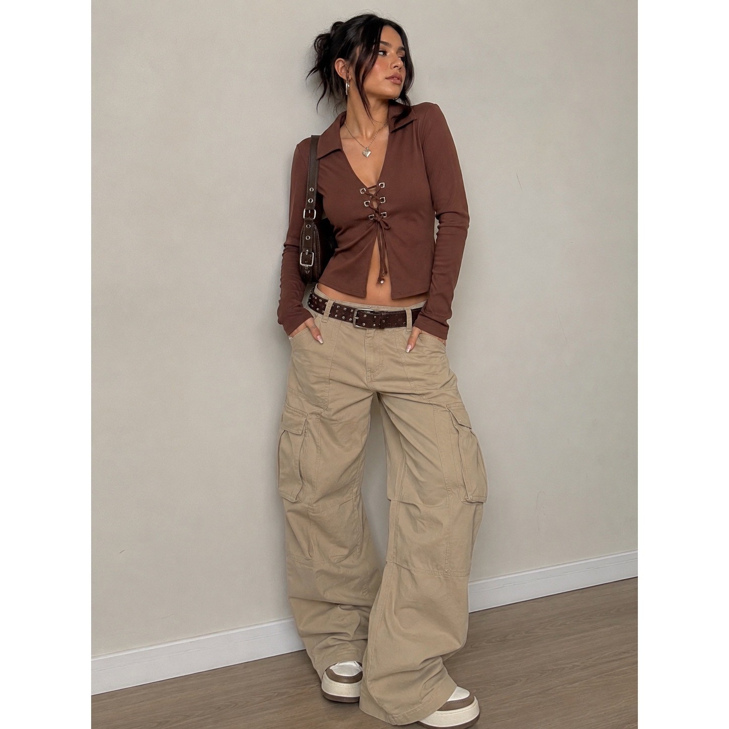 Vintage ACCENT USA Top Medium Womens Brown Lace Up Collared Y2K Stretch Shirt