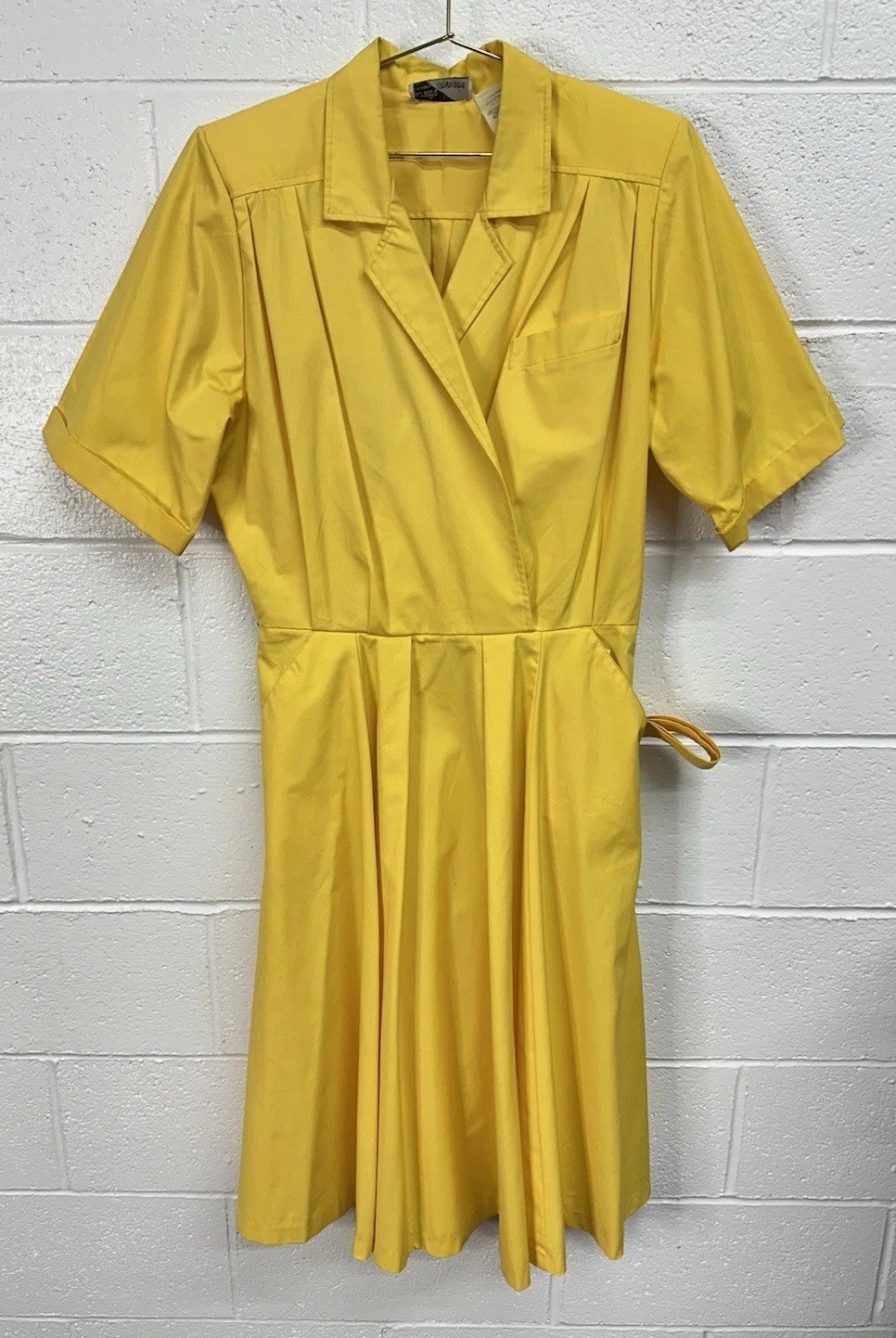 Vintage Sunshine Starshine Yellow Shirt Dress W 16 Button Side Belted 80s Mod