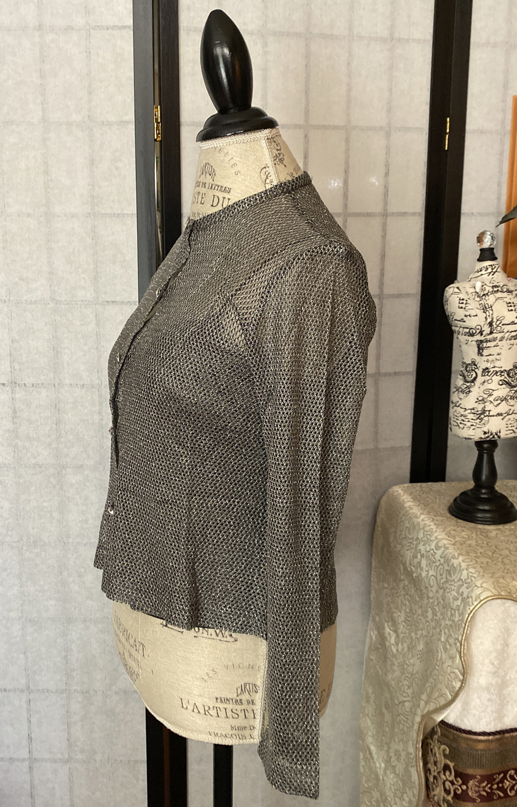 JS Collections VTG 90s Petite=XS Silver Stretch ViscoseCardigan Sweater+Tank Set