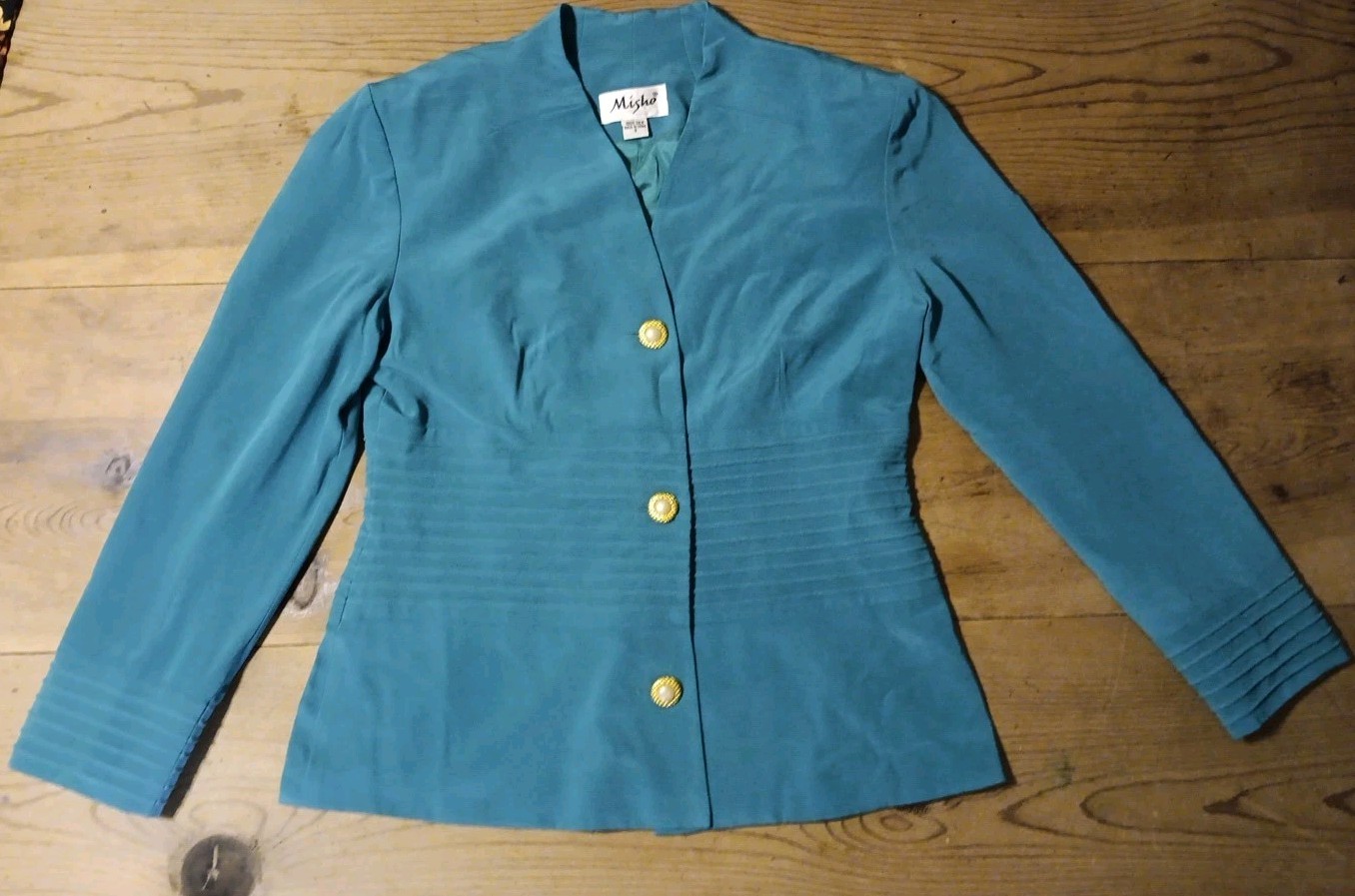 VTG Misho Womens 8 Jacket 100% Silk Turquoise Blue Gold Buttons Fitted Chic