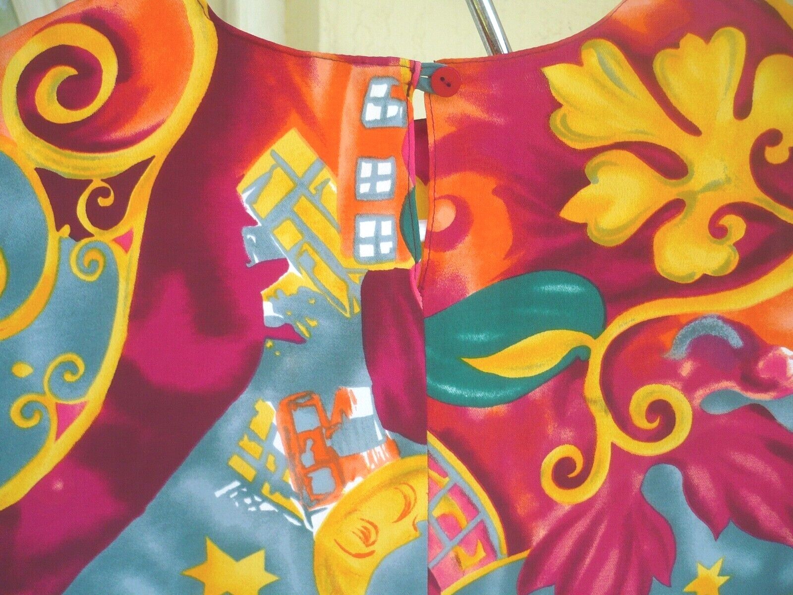 VTG 80 CAMILLE CLAUDEL P M L BRIGHT COLORFUL FLORAL BOXY MOON STARS BLOUSE WOMEN
