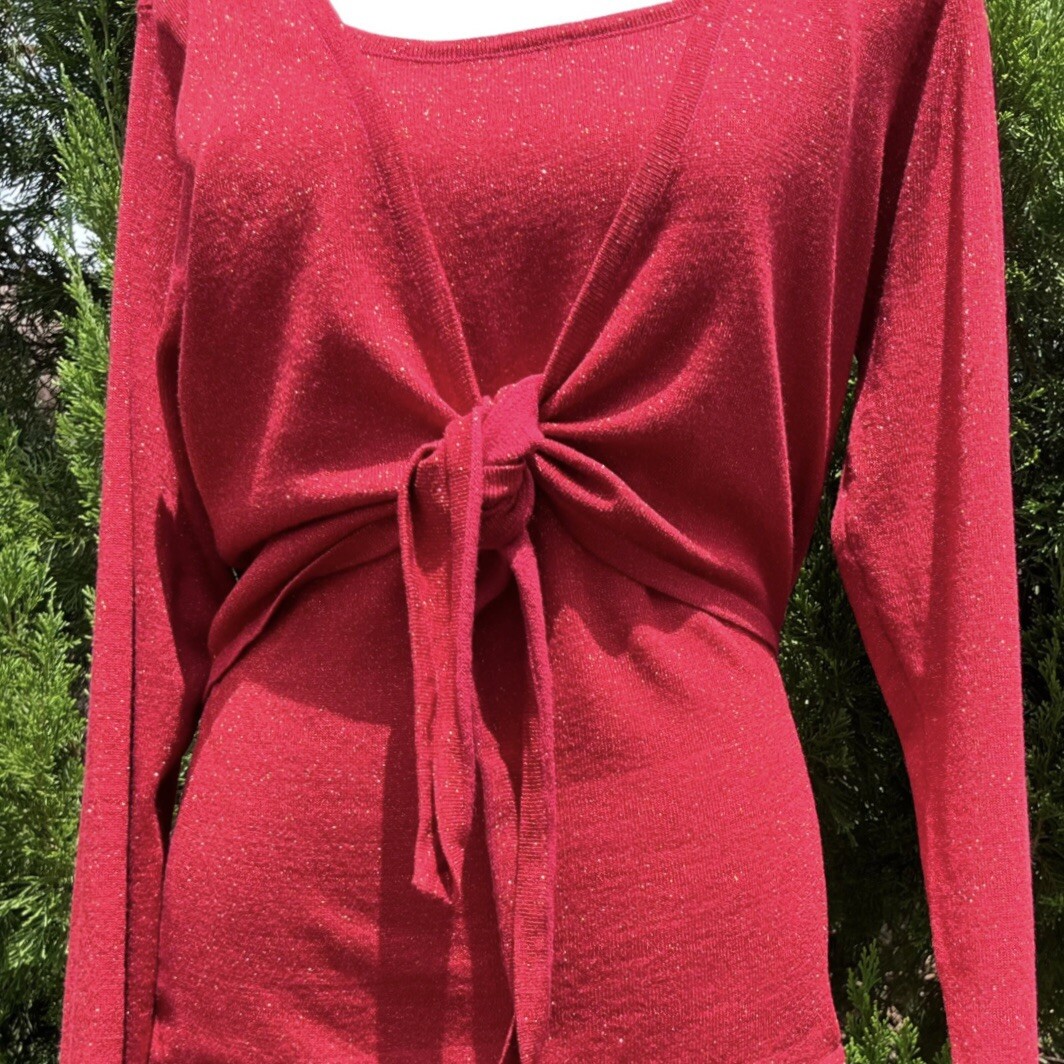 Blouse Red Size:XL Vintage Shimmery Pull Over Tie Front By NY Collection