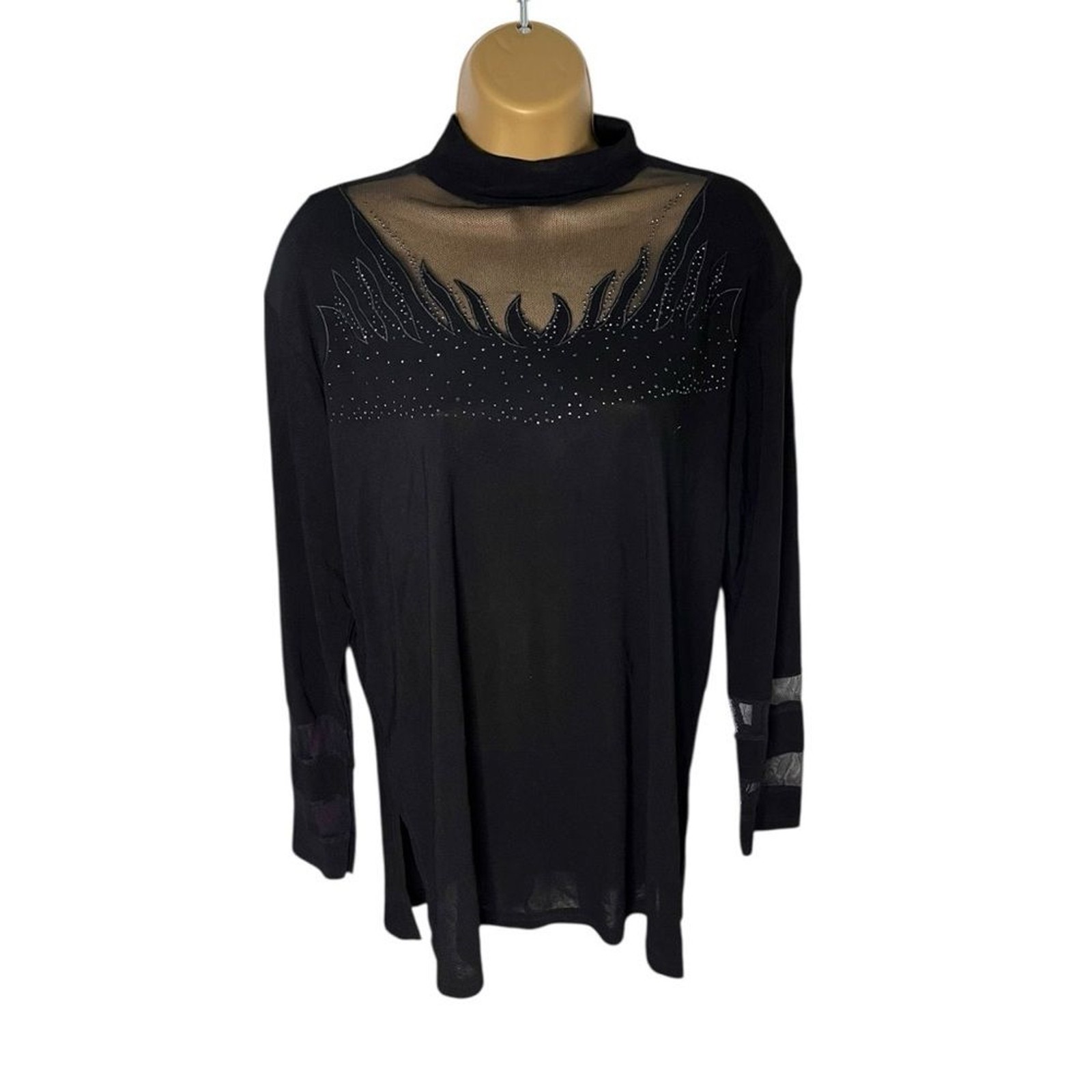 Vtg 80s-90s Art Deco Sheer Mockneck Rhinestone Padded Shoulder Blouse Black L