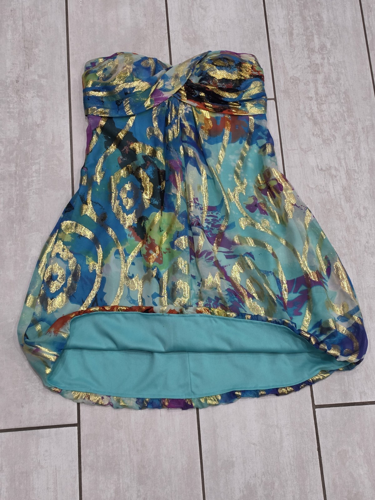 XSCAPE Y2K Vintage Silk Blend Strapless Bubble Hem Dress Metallic Gold Abstract