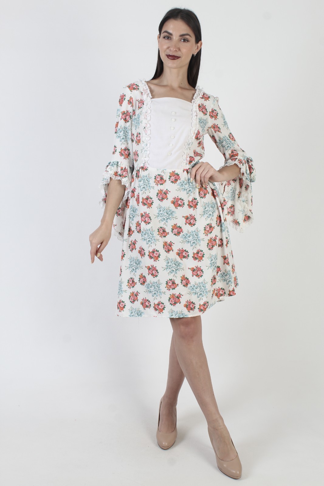 Vintage 70s Romantic Country Folk Dress Floral Prairie Trumpet Slv Homespun Mini