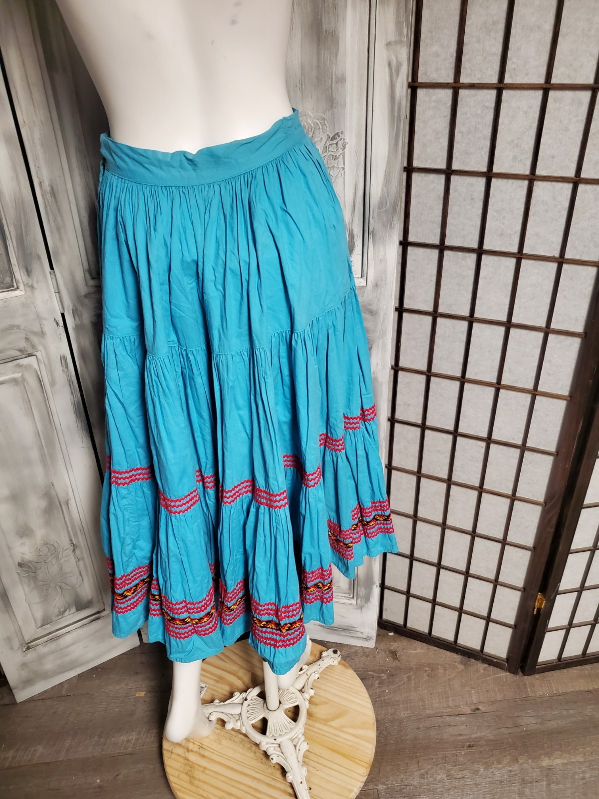 XS Vtg Mexican Patio Peasant Dress Skirt Ric Rac Trim Full Circle 50s Western