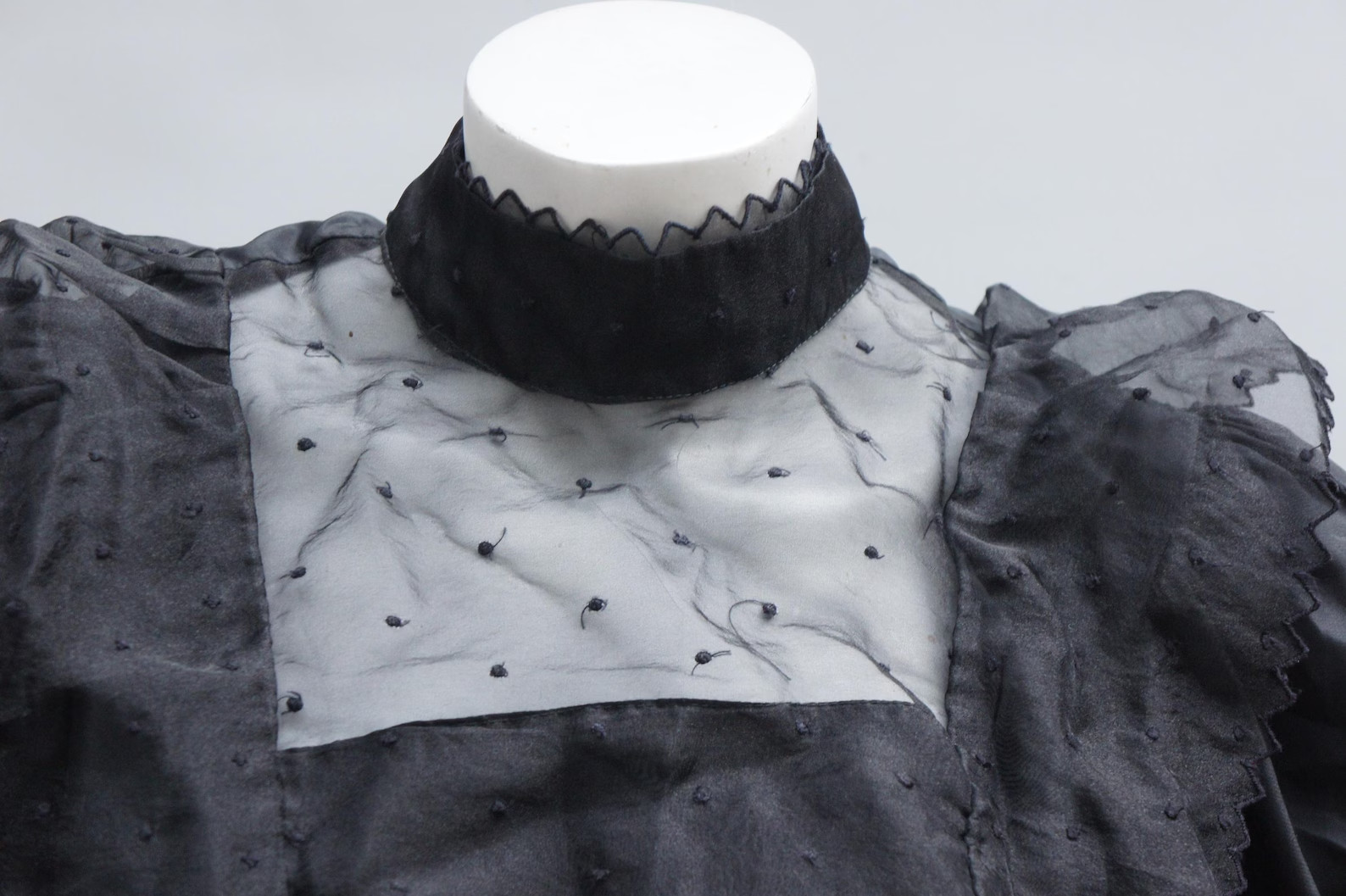 Vintage 70s-80s Black Lace Trim Blouse Victorian Style High Neck Prairie Boho Co