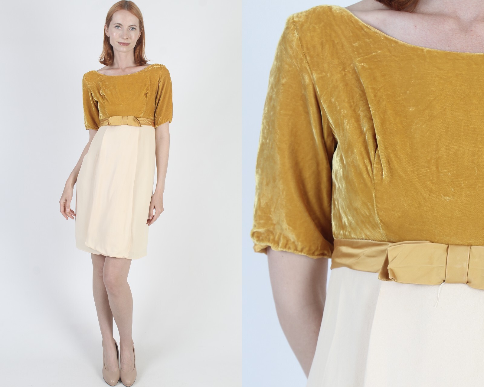 Vtg Retro 50s Gold Velvet Mini Dress Belted High Waist Atomic Rockabilly Pin Up