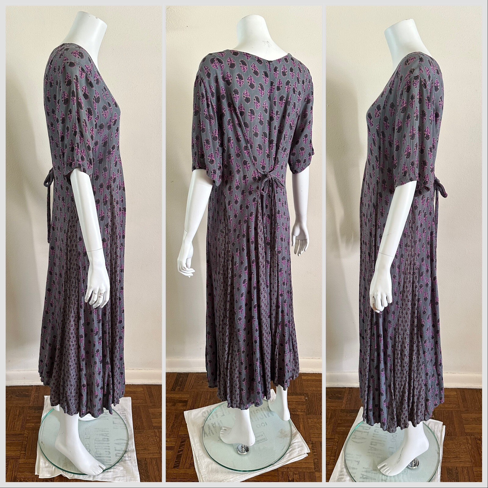 1990s Indian Block Print Rayon Gauze Tie Back Dress Grunge Floral Punk M 90s VTG