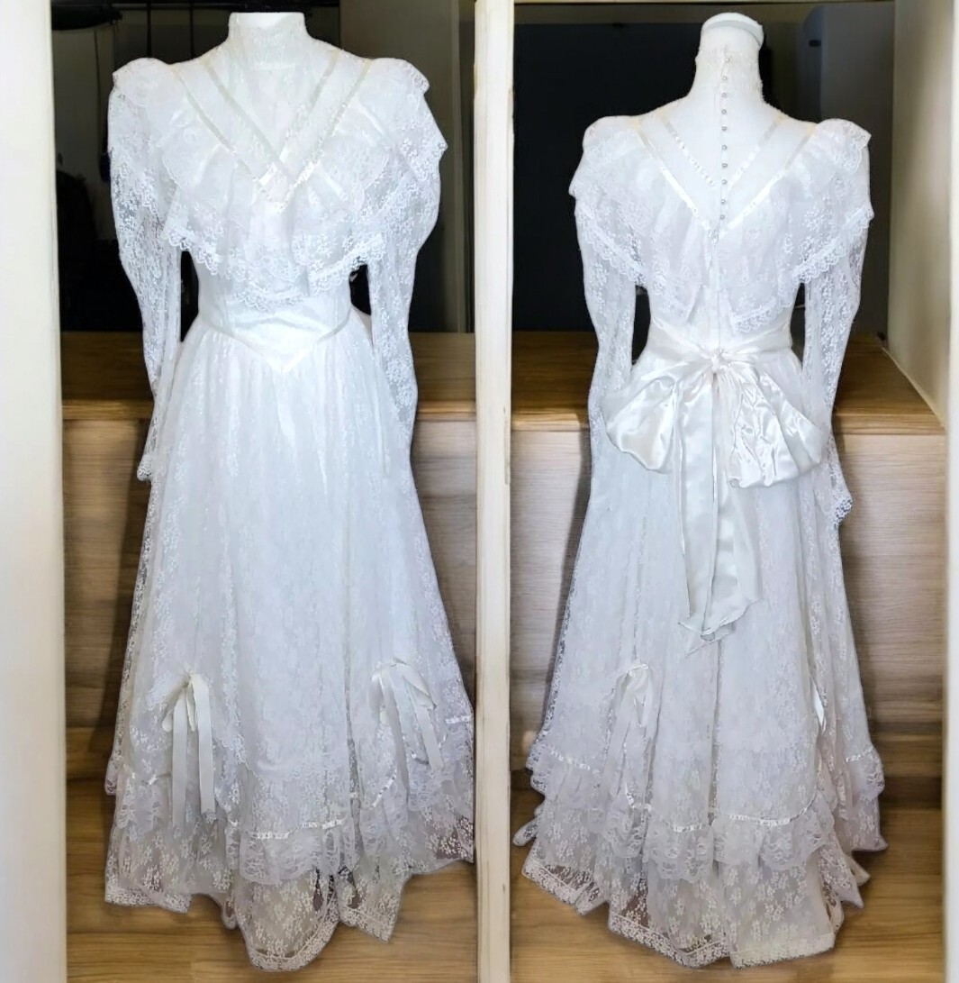 Gunne Sax Victorian White Lace Wedding Gown Cottage Core Size 2 4 Edwardian