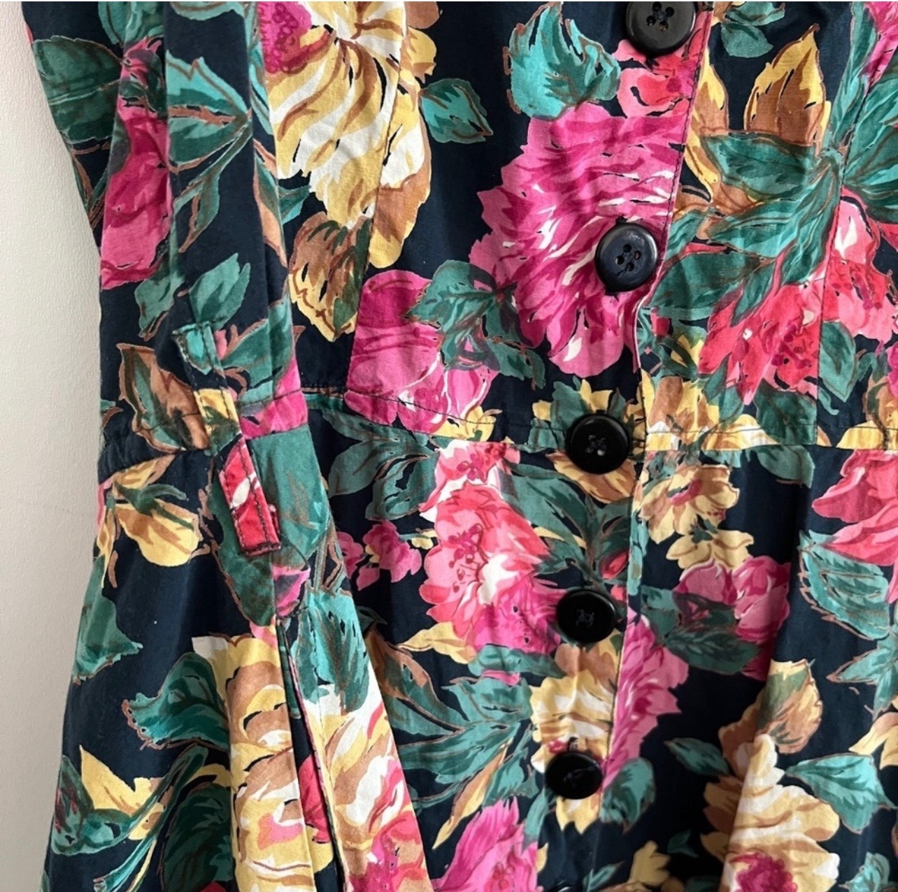 Vintage 90s Floral Button Front Dress Starina Medium Black Fit Flare Cottagecore