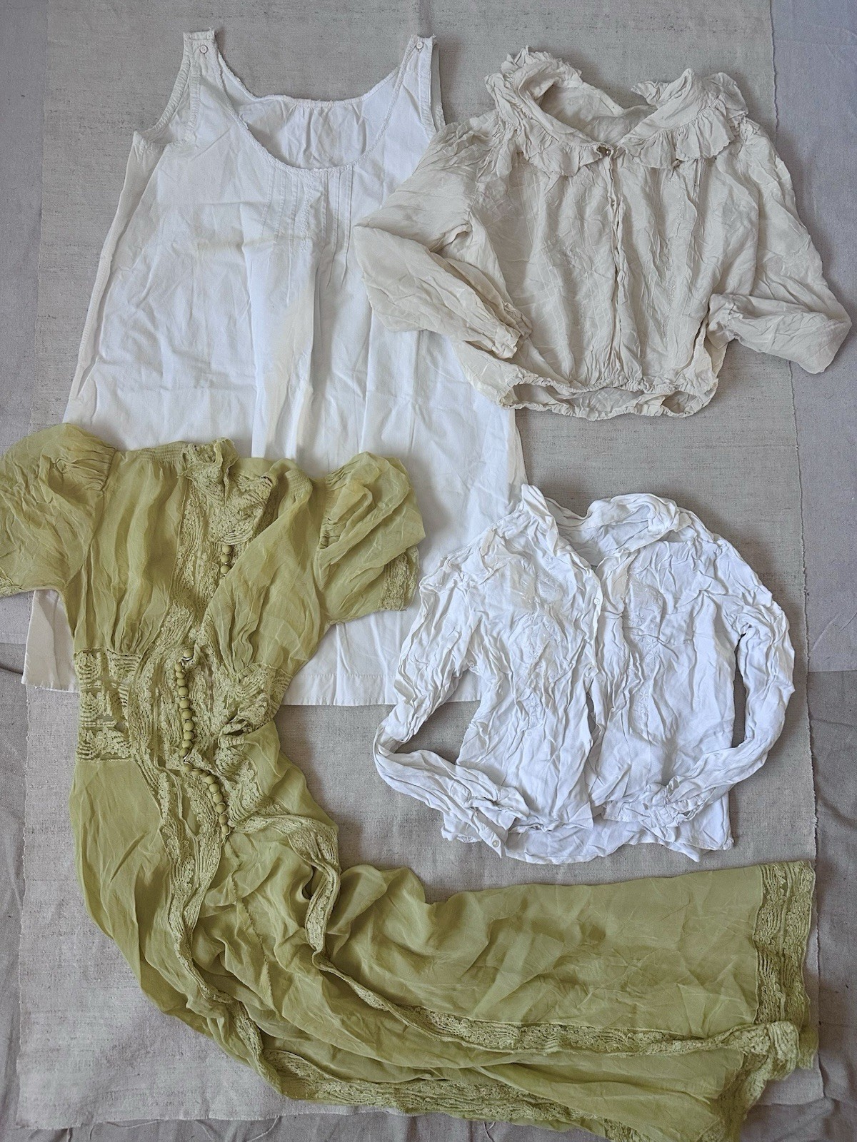 Lot 4 Antique French Silk Rayon Cotton Dress Blouse Resale Xs S M