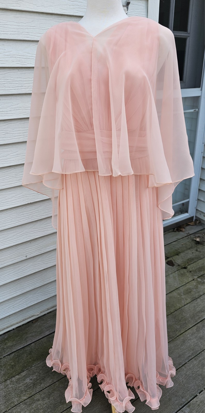 VTG 70s SHEER CHIFFON 2 PIECE PLEATED MAXI DRESS Peach Pink SZ 18 CAPE Grecian