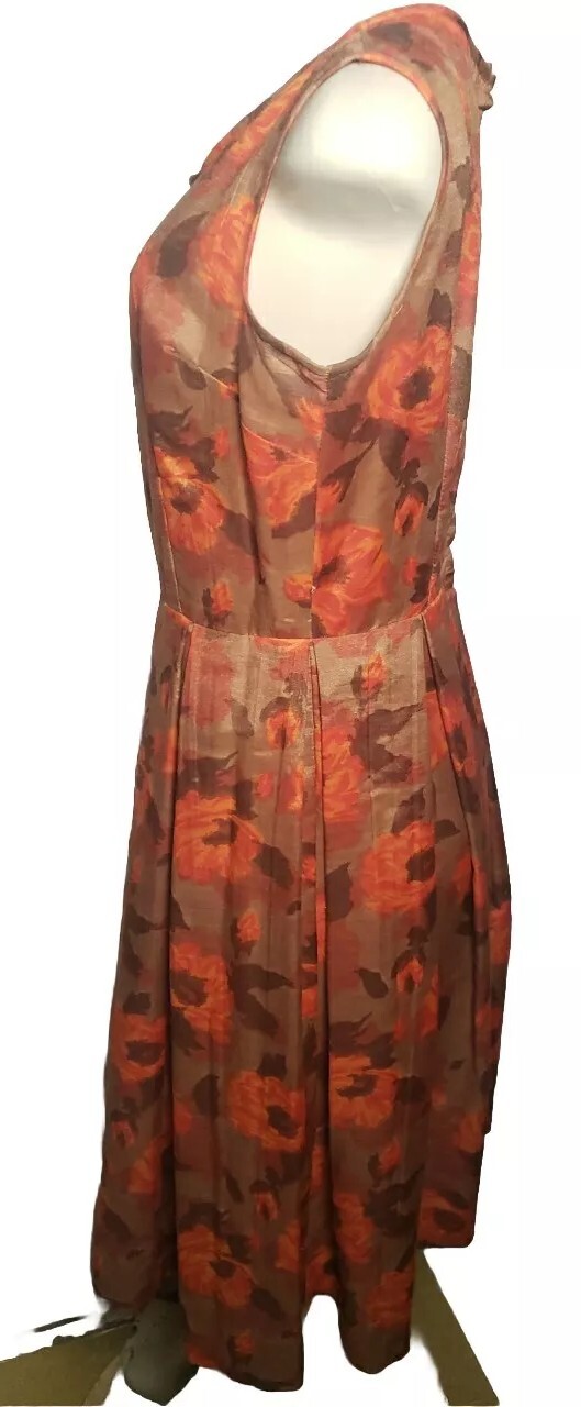 Vintage Lora Lenox Floral Sheath Dress Sleeveless Brown Orange Medium Unlined