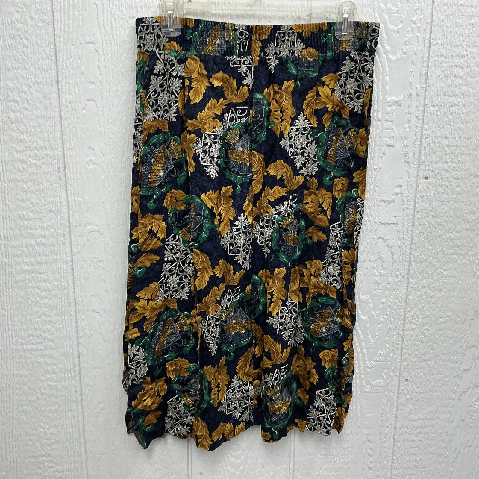 Vtg Panther Blouse Skirt Set Womens sz 12 Blue Gold Floral Button USA Top