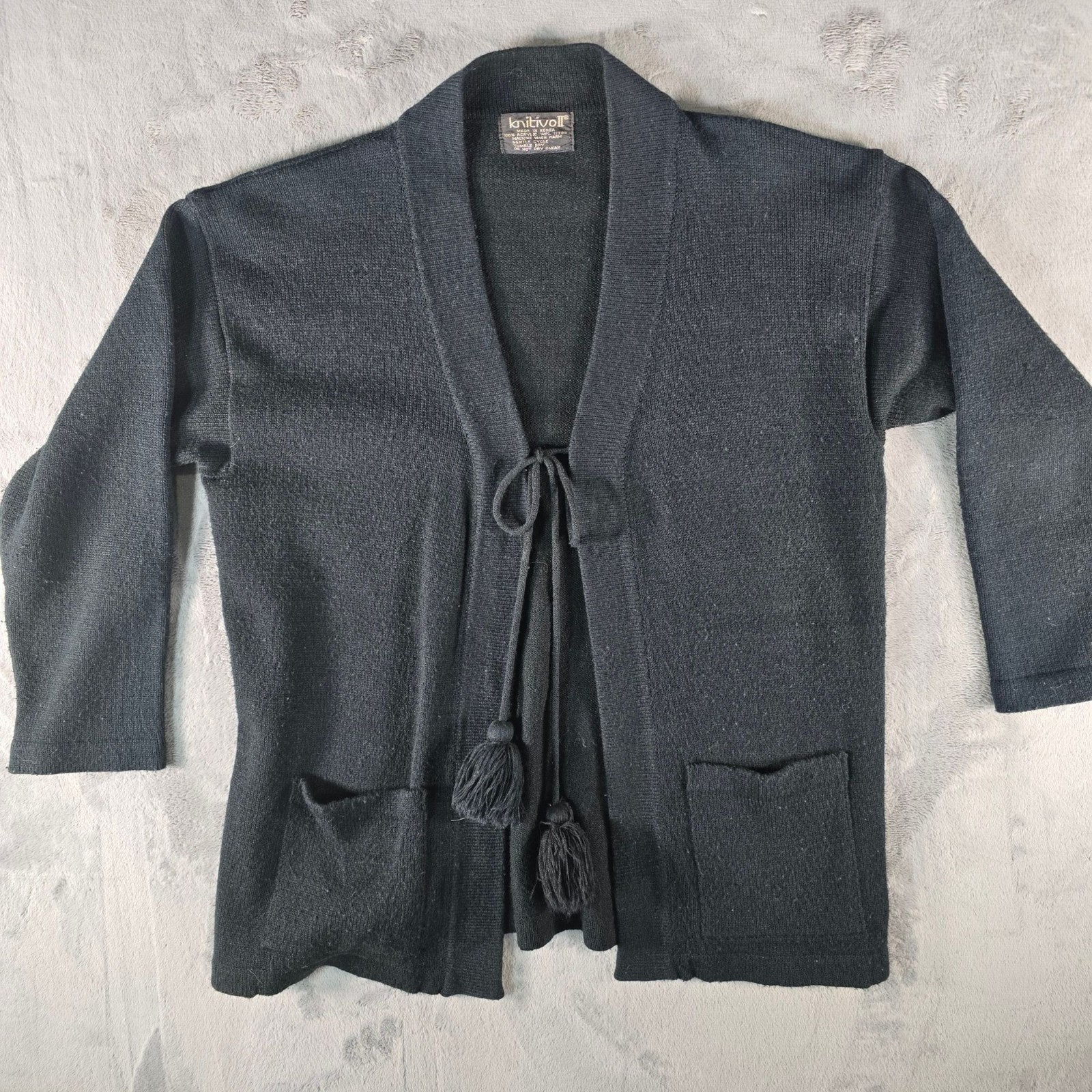 Vintage 1980s Knitivo II Women’s Black Acrylic Open Front Cardigan Sweater (L)