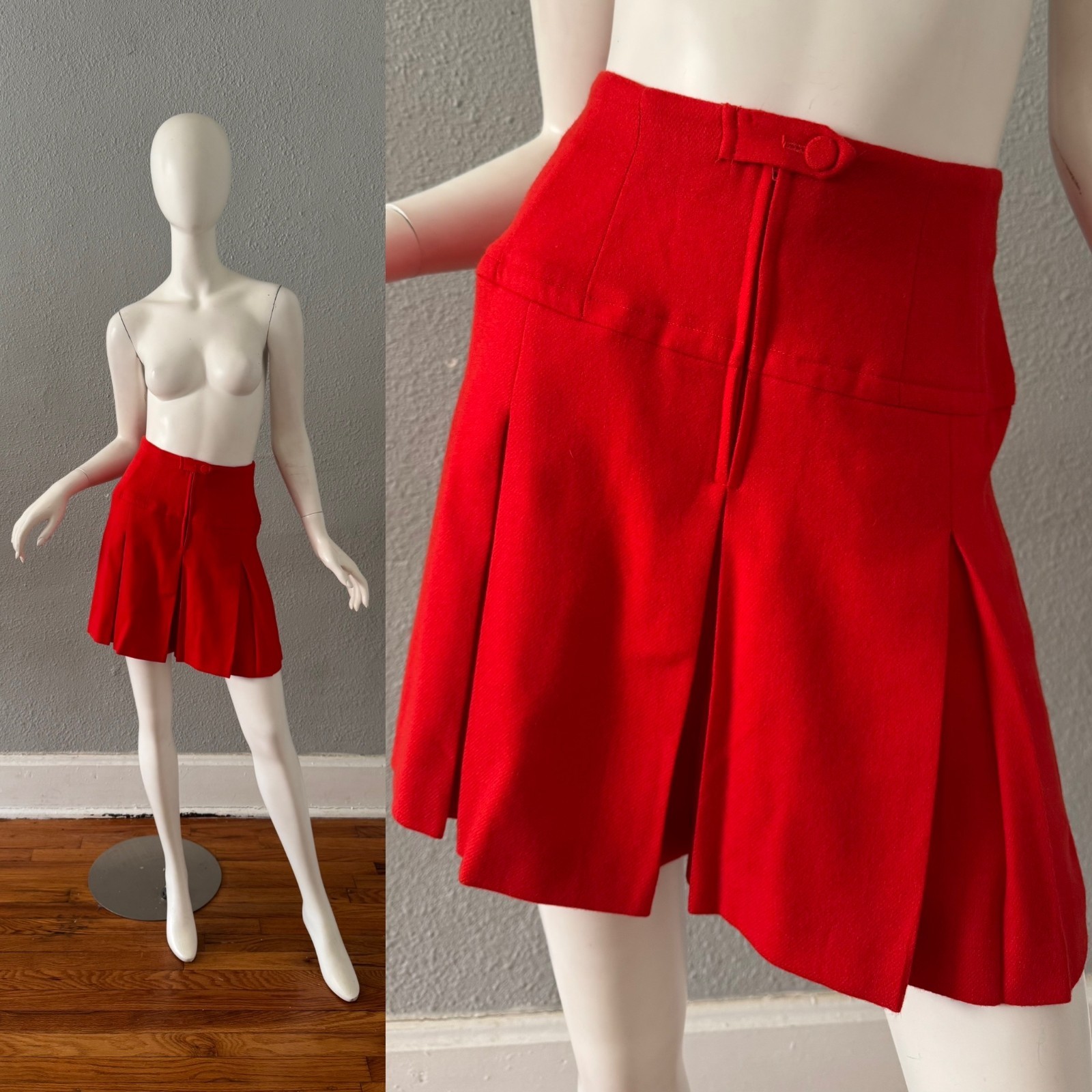 Vintage 60s 70s Red Wool MOD Pleated Mini Culottes Shorts M