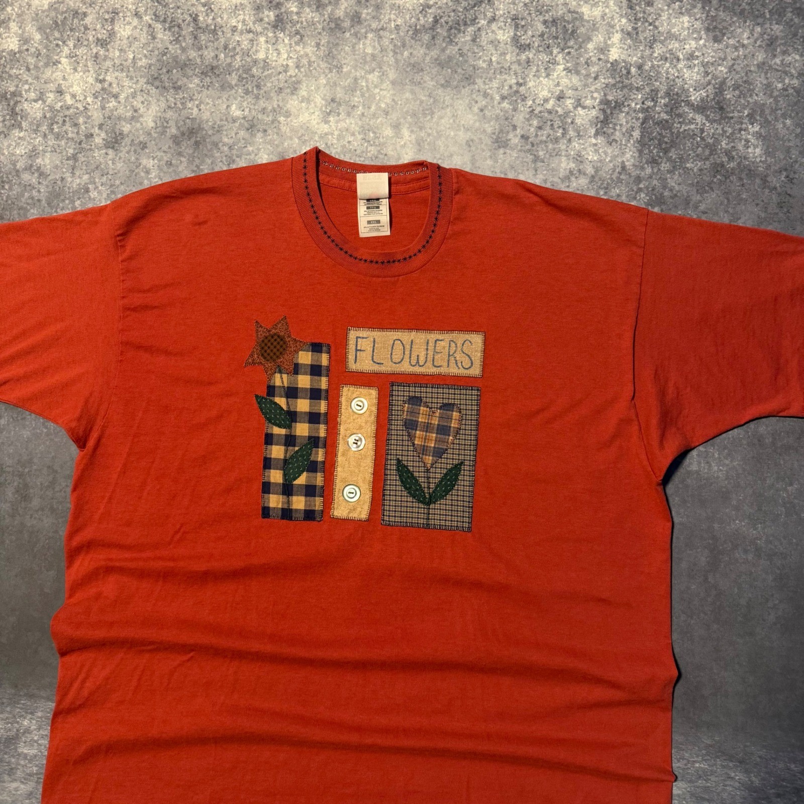 Vintage Granny Cottage Flowers Patchwork T Shirt XXL Orange Cottagecore USA 90s
