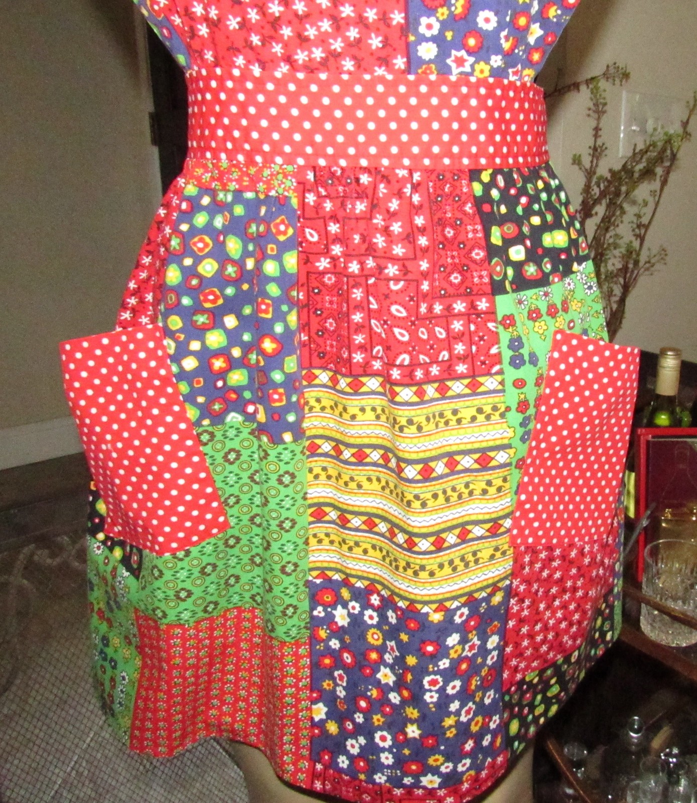 Vtg Design House Patchwork Pinafore Apron Dress Cottagecore w/pockets