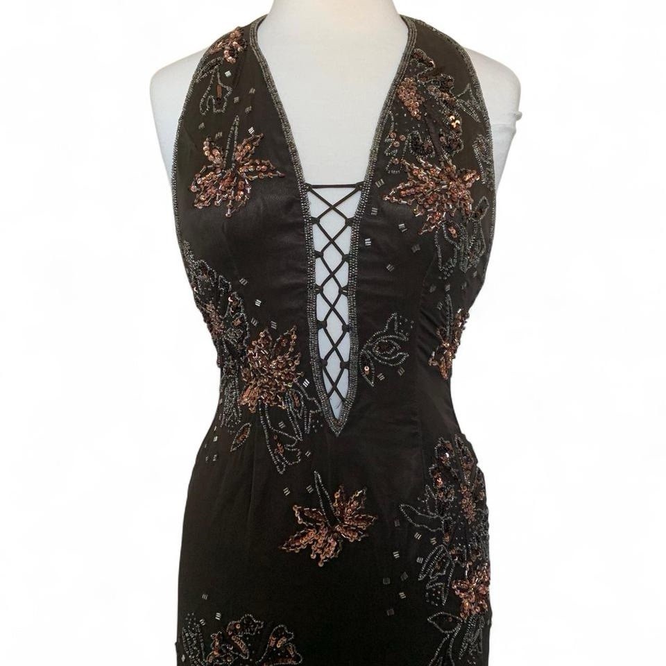 90s Vintage Brown 100% silk Beaded Corset Lace Up Halter Open Back Formal Dress