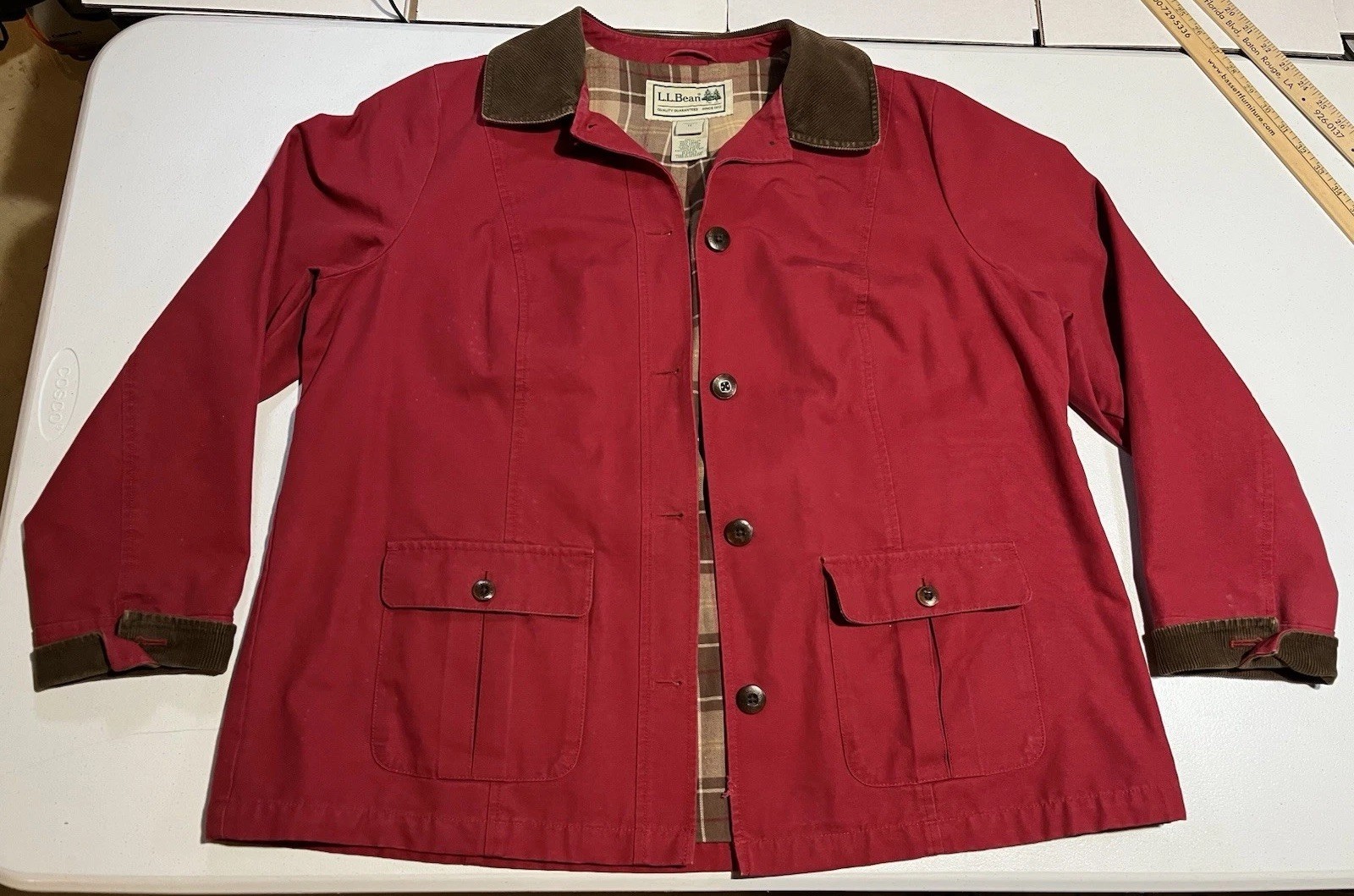 vtg LL Bean Womens XL 1X Red Chore Coat Barn Field Jacket Plaid Lined Corduroy